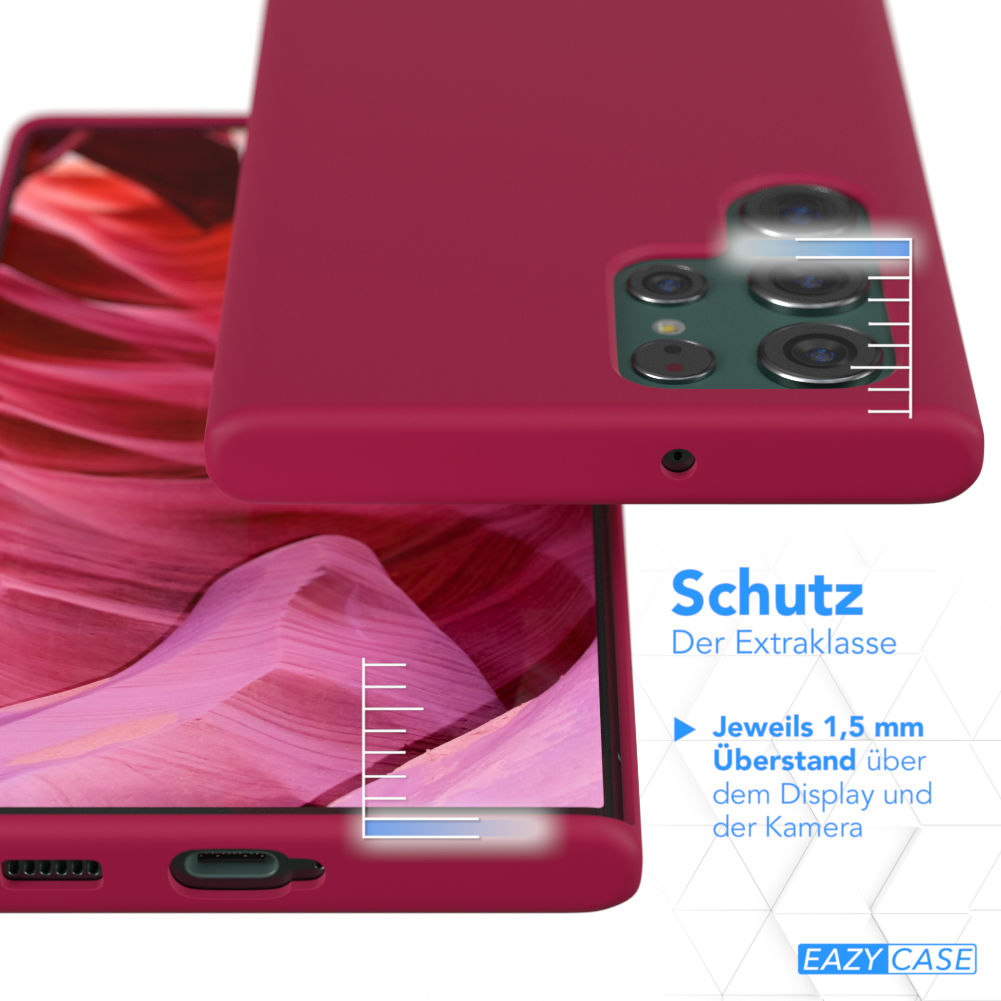 Rote Handyhülle mit einem Telefon darin. Die Hülle ist über dem Bildschirm und der Kamera.
