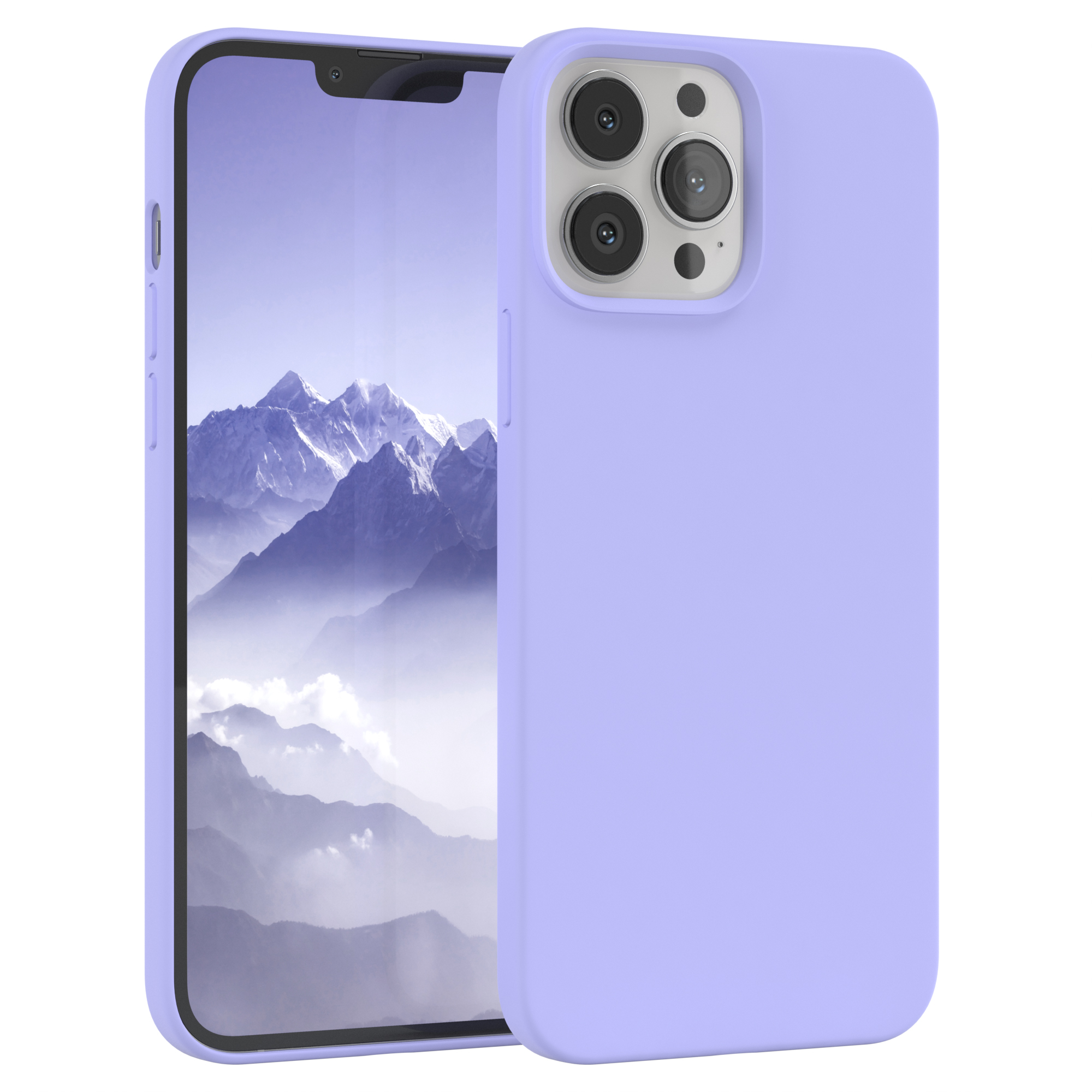 Ein lavendelfarbenes Handycase und Handy werden gezeigt. Der Bildschirm zeigt ein Gebirge.