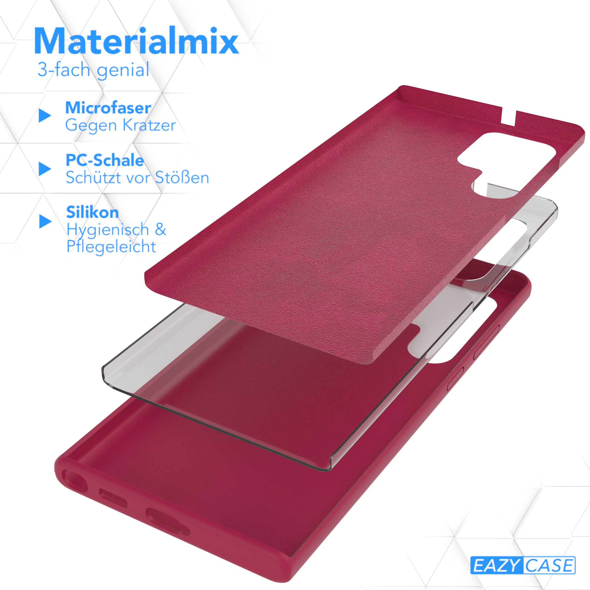 Zerlegte Handyhülle, die Materialschichten zeigt.