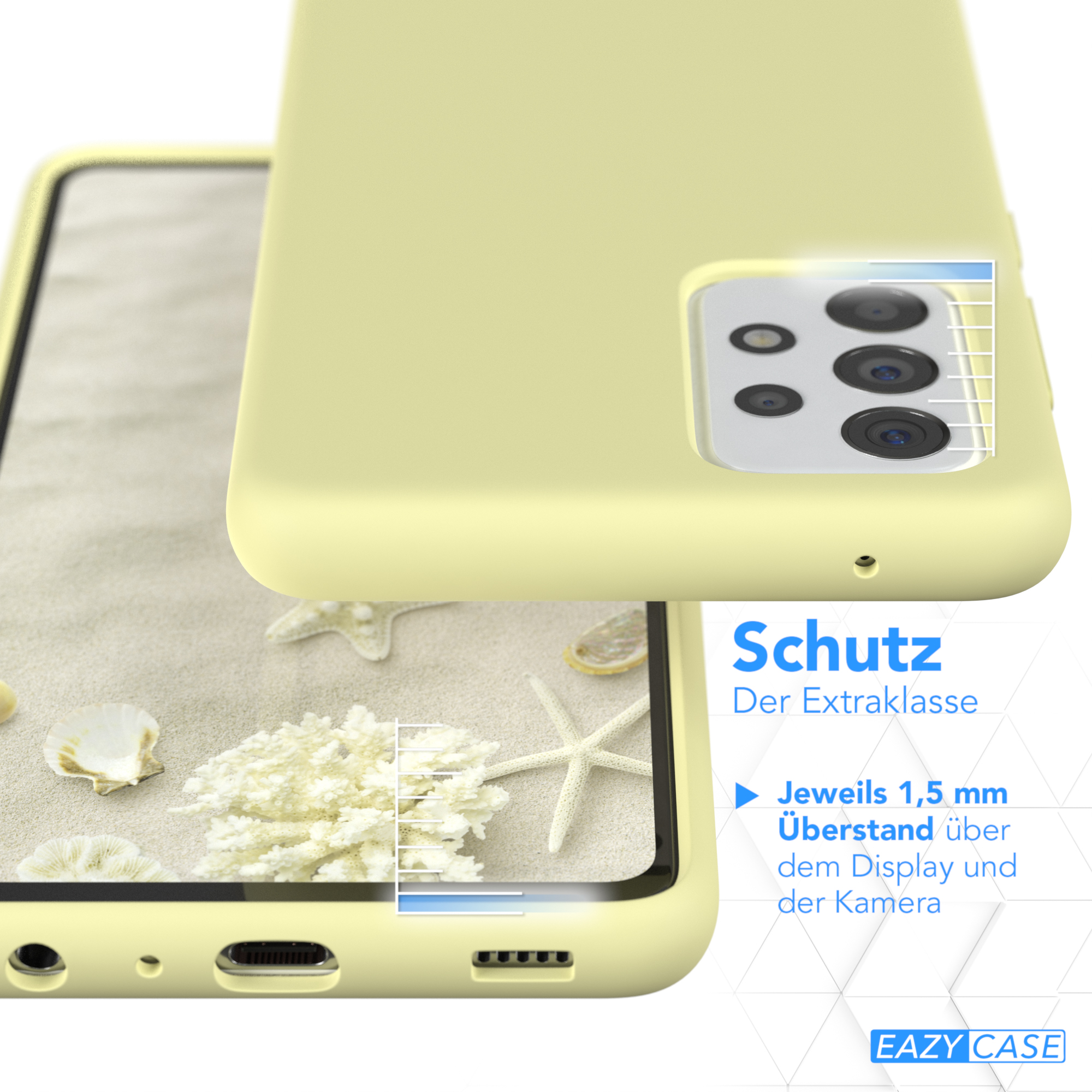 Gelbe Handyhülle mit Sand und Muscheln, die Bildschirm- und Kameraschutz hervorhebt.