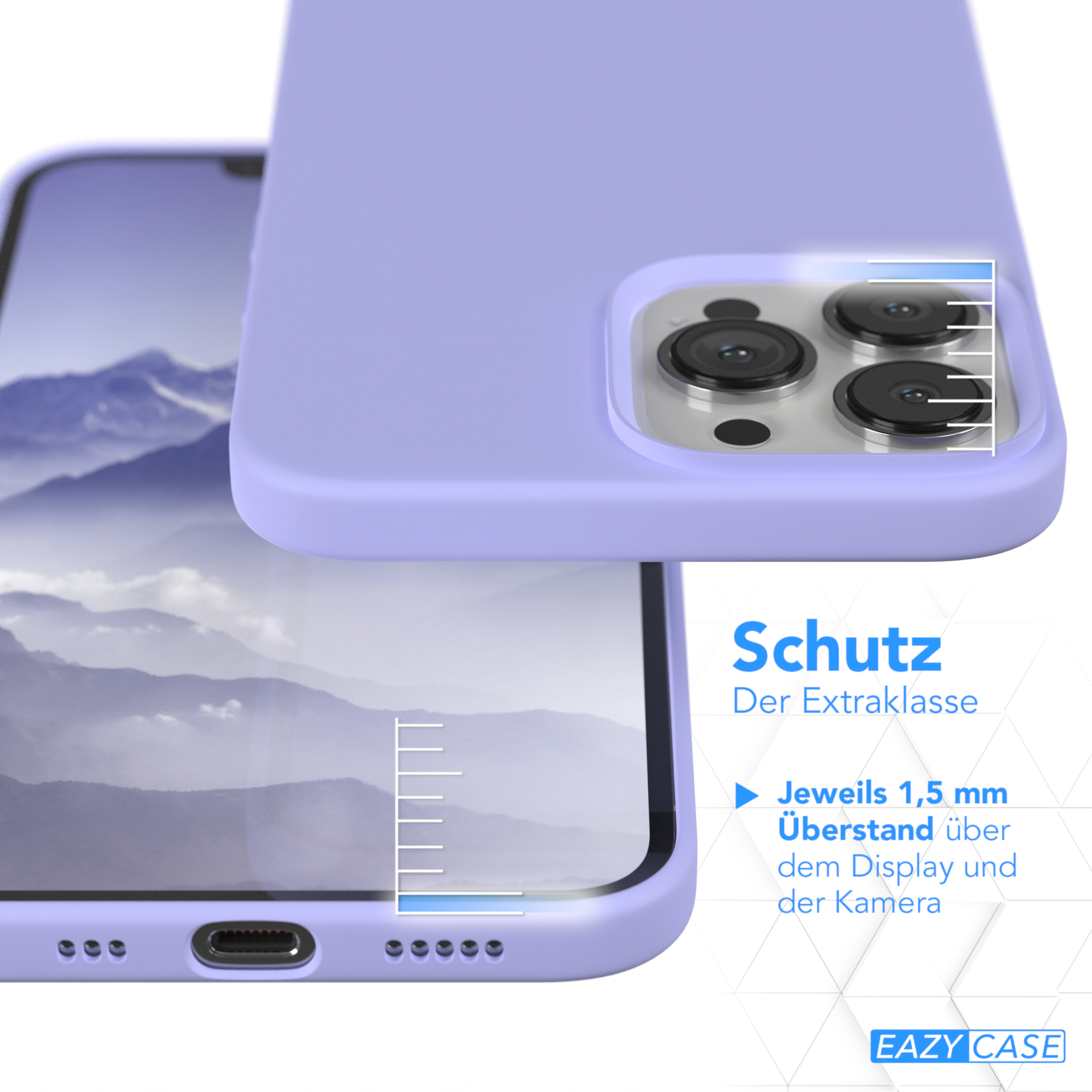 Eine Handyhülle, mit dem teilweise eingesetzten Telefon, zeigt Schutzfunktionen.