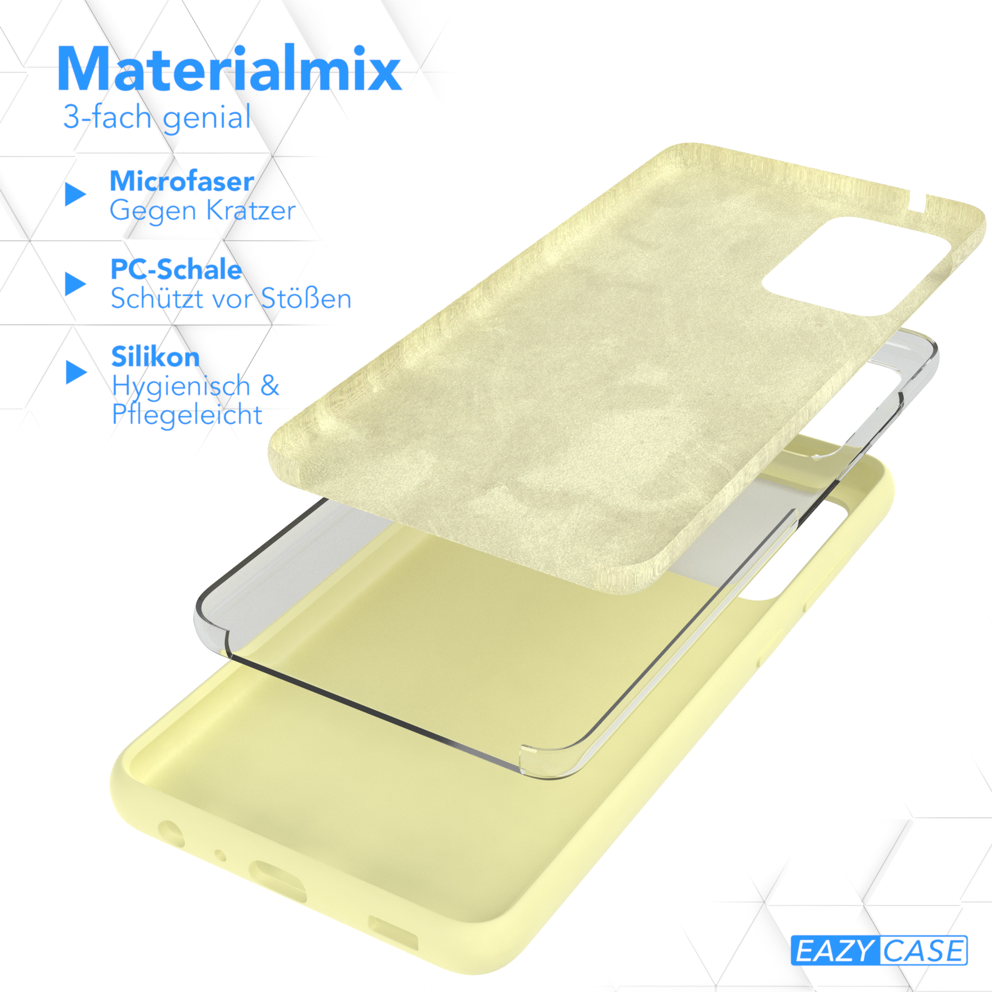 Handyhüllen-Schichten: Mikrofaser, PC-Schale und Silikon in Gelb.