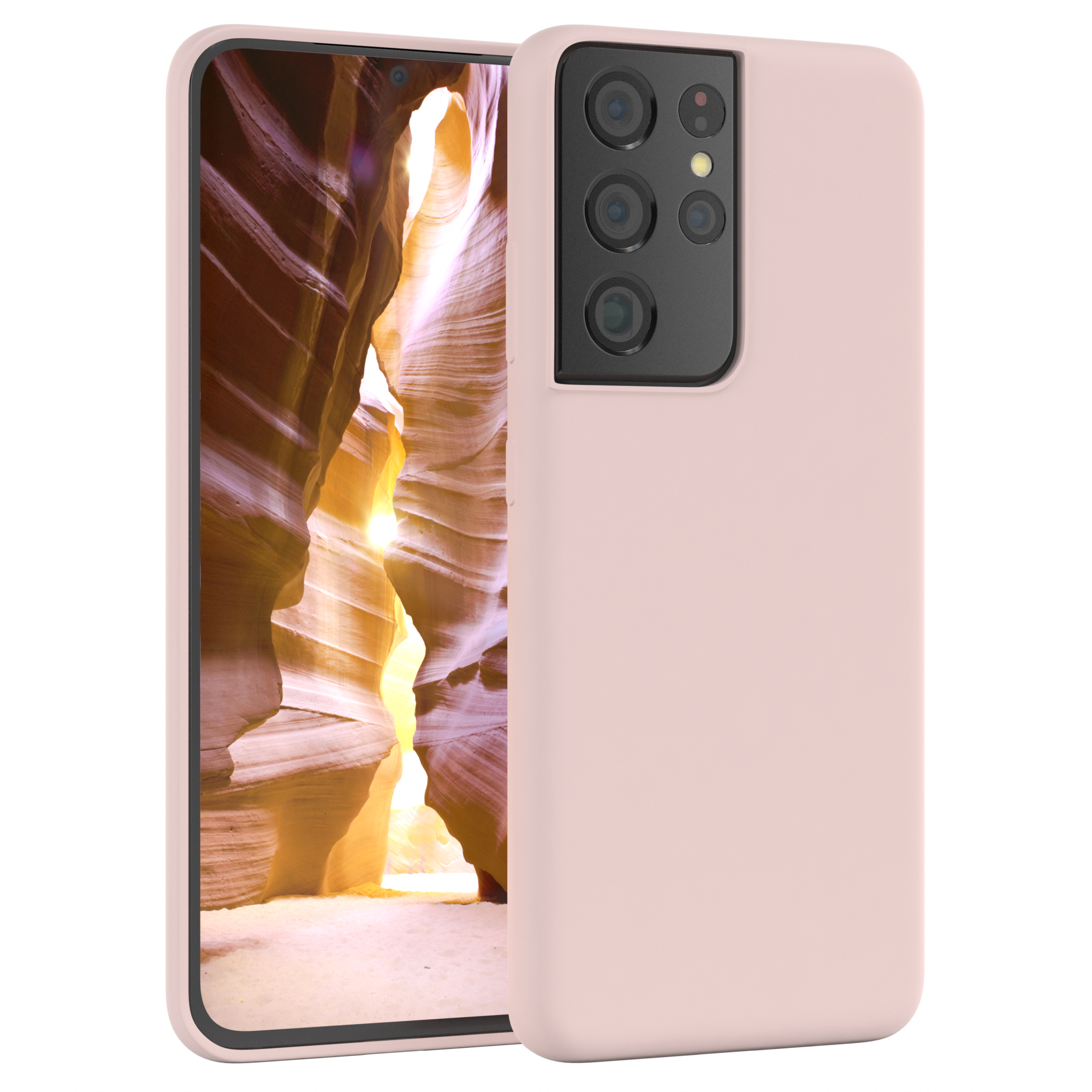 Rosafarbene Handyhülle mit einem Telefon darin, das ein Canyonbild zeigt.