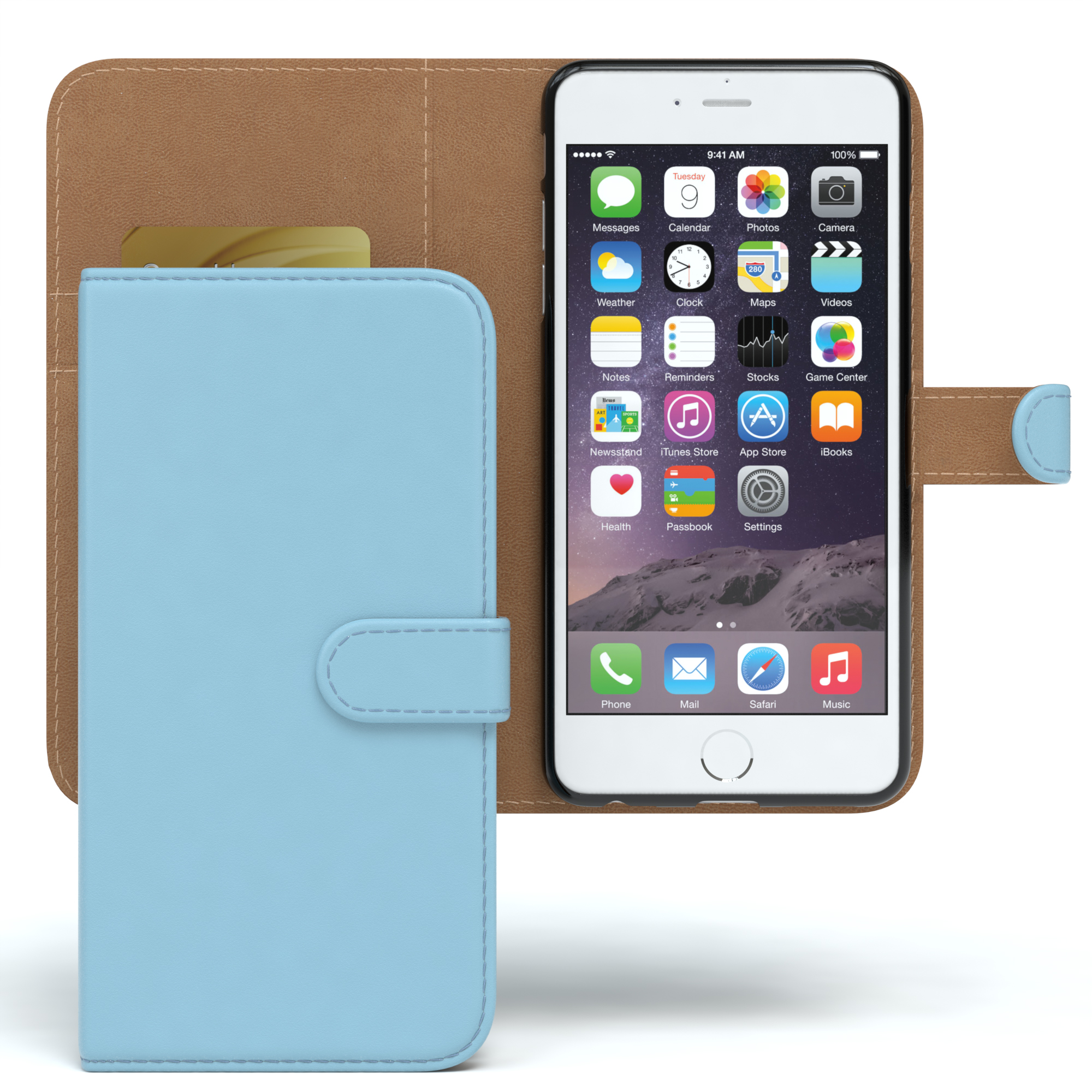 Blaue Handyhülle mit hellbrauner Brieftaschen-Abdeckung, die einen Telefonbildschirm zeigt.
