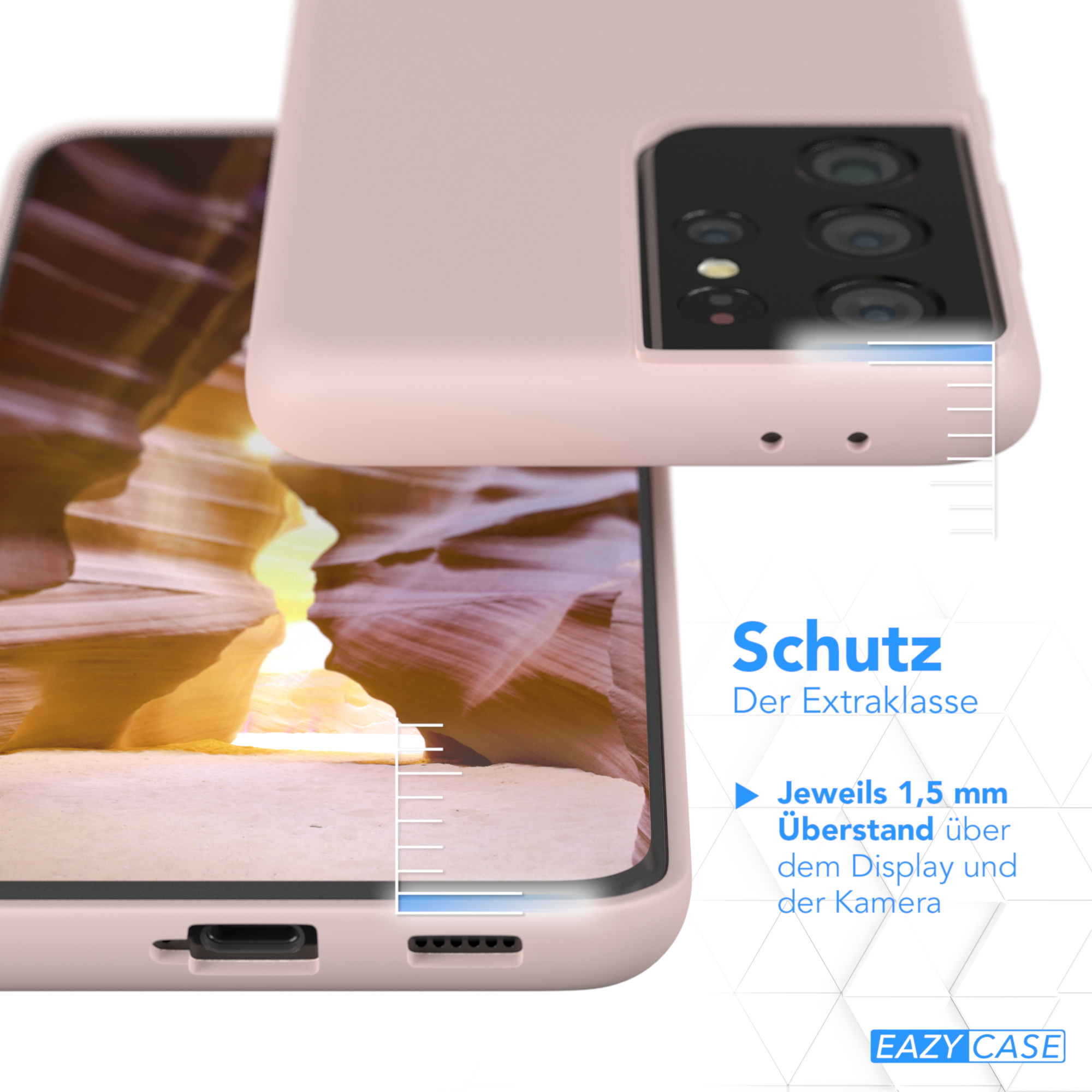 Telefonhülle auf Telefon, mit Text zum Schutz. Zeigt ein Telefon und die teilweise geöffnete Hülle.