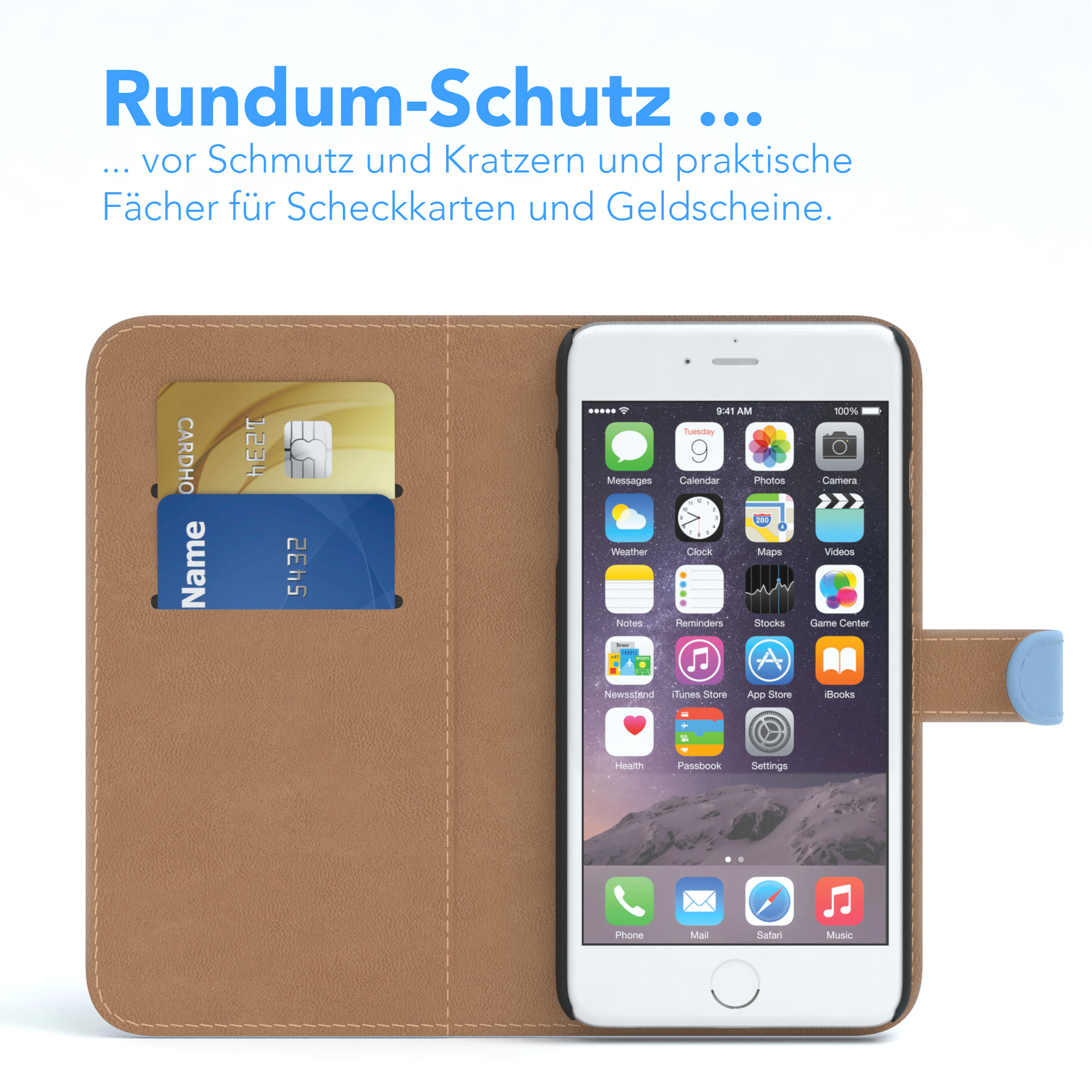 Geöffnete Handyhülle mit Karten und Telefon, zeigt App-Symbole.