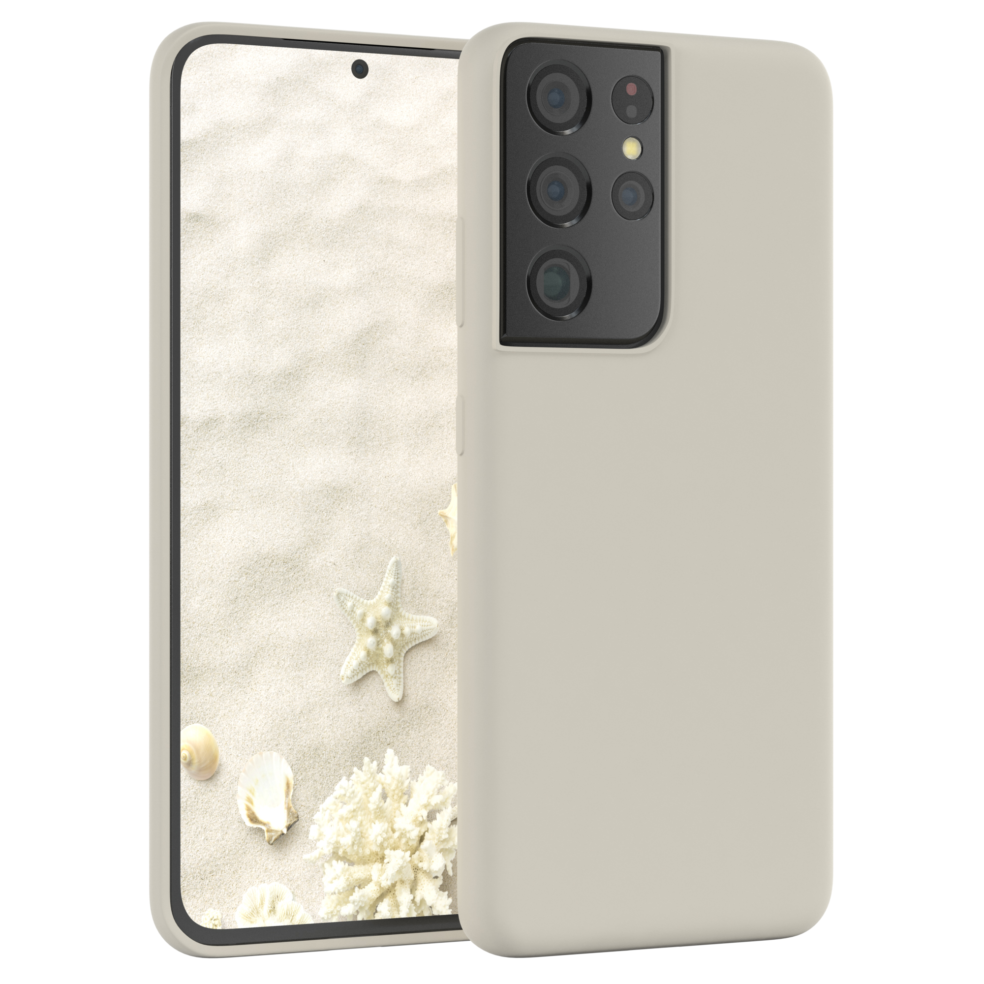 Beige Handyhülle neben einem Telefon, das eine Strandszene mit Muscheln, Korallen und Seesternen zeigt. Die Hülle ist sichtbar.