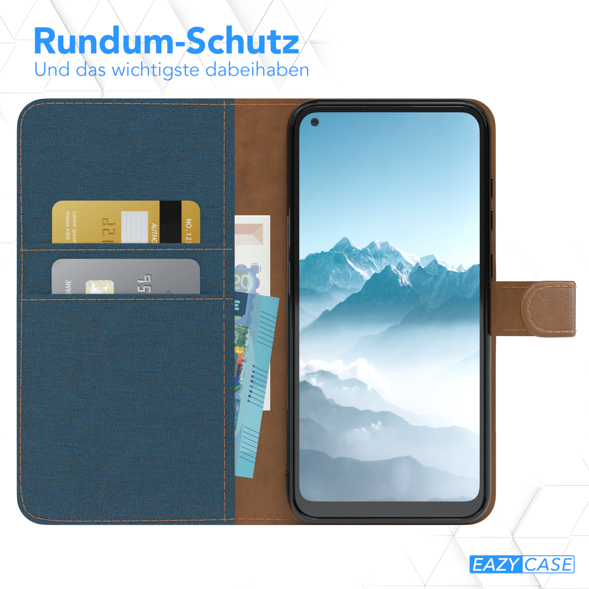 Telefon in blauer Hülle mit Karten und Geld sichtbar. Blauer Hintergrund.