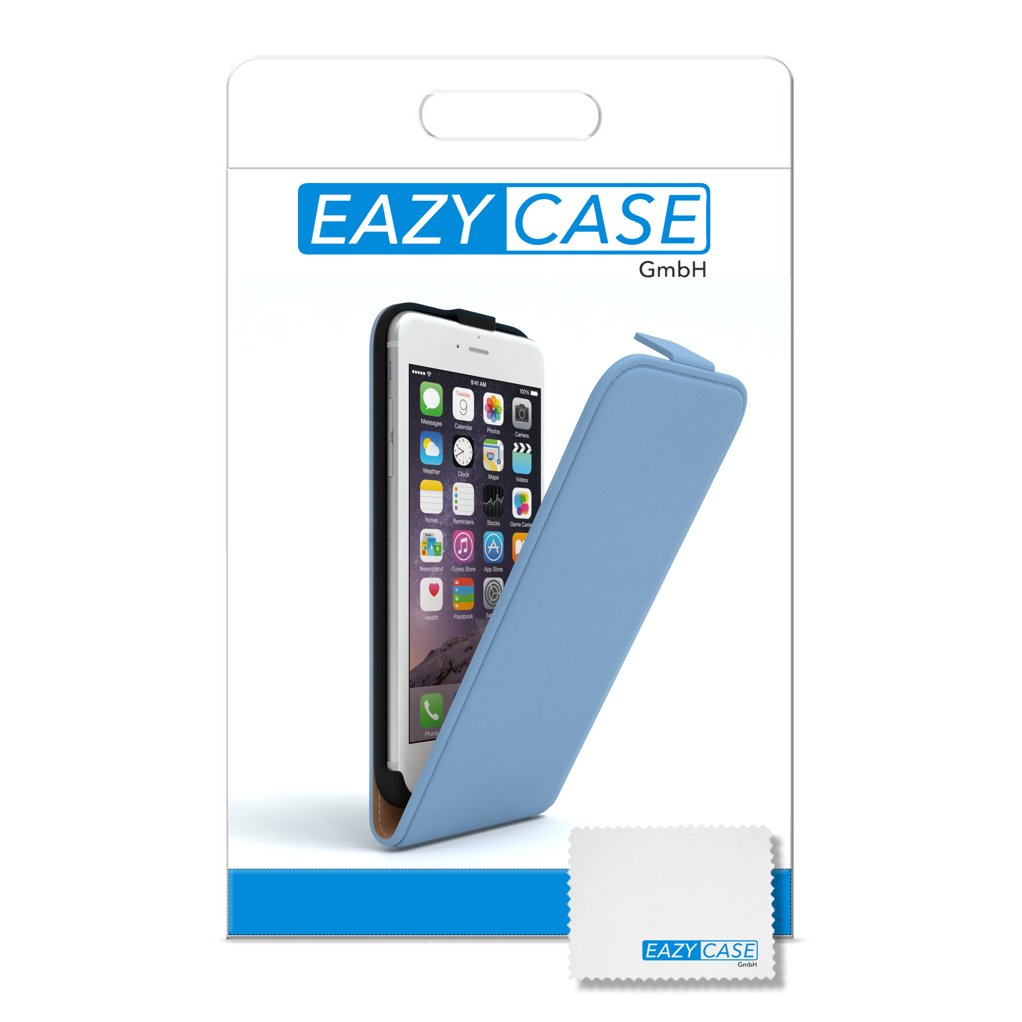 Ein Telefon in einer hellblauen Hülle, mit EAZY CASE Logo und einem Reinigungstuch.