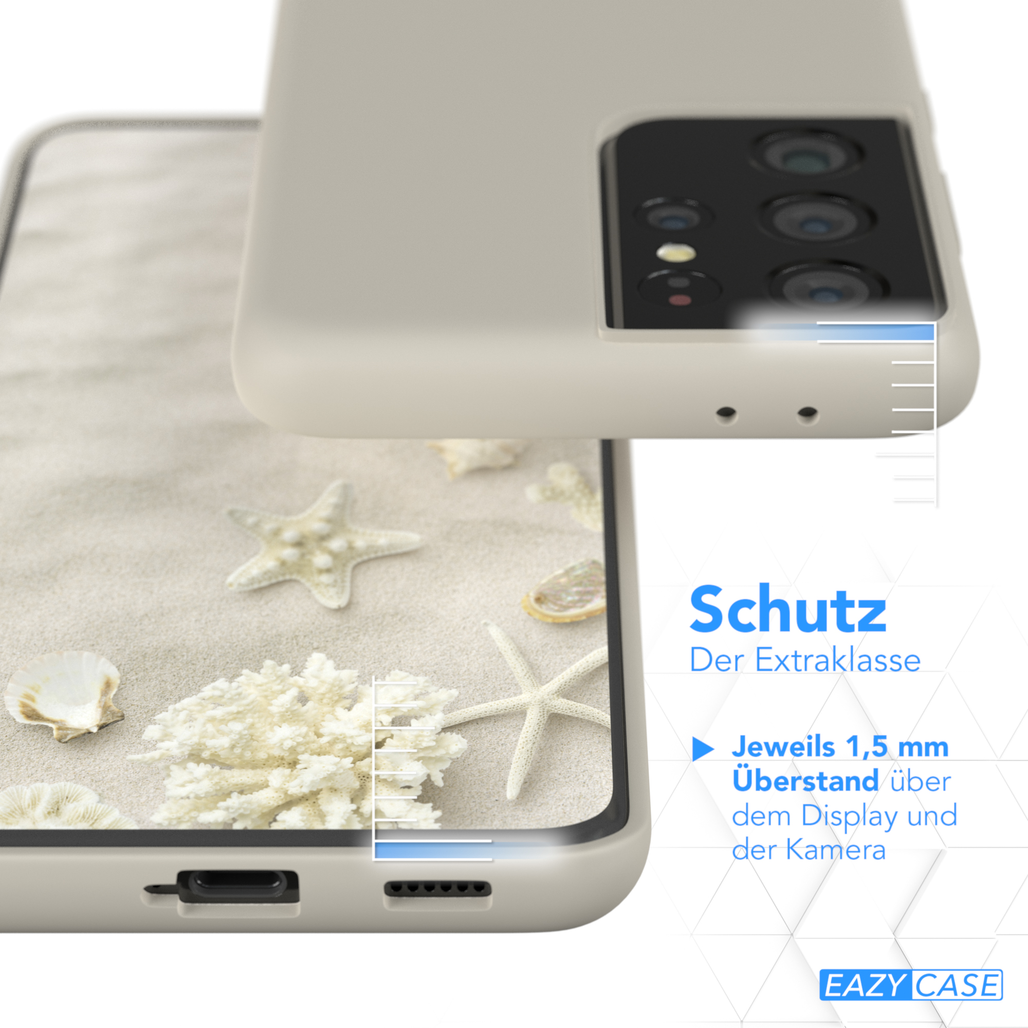 Eine Handyhülle auf sandigem Untergrund mit Muscheln. Die Hülle ist cremefarben und schützt die Ränder des Telefons.