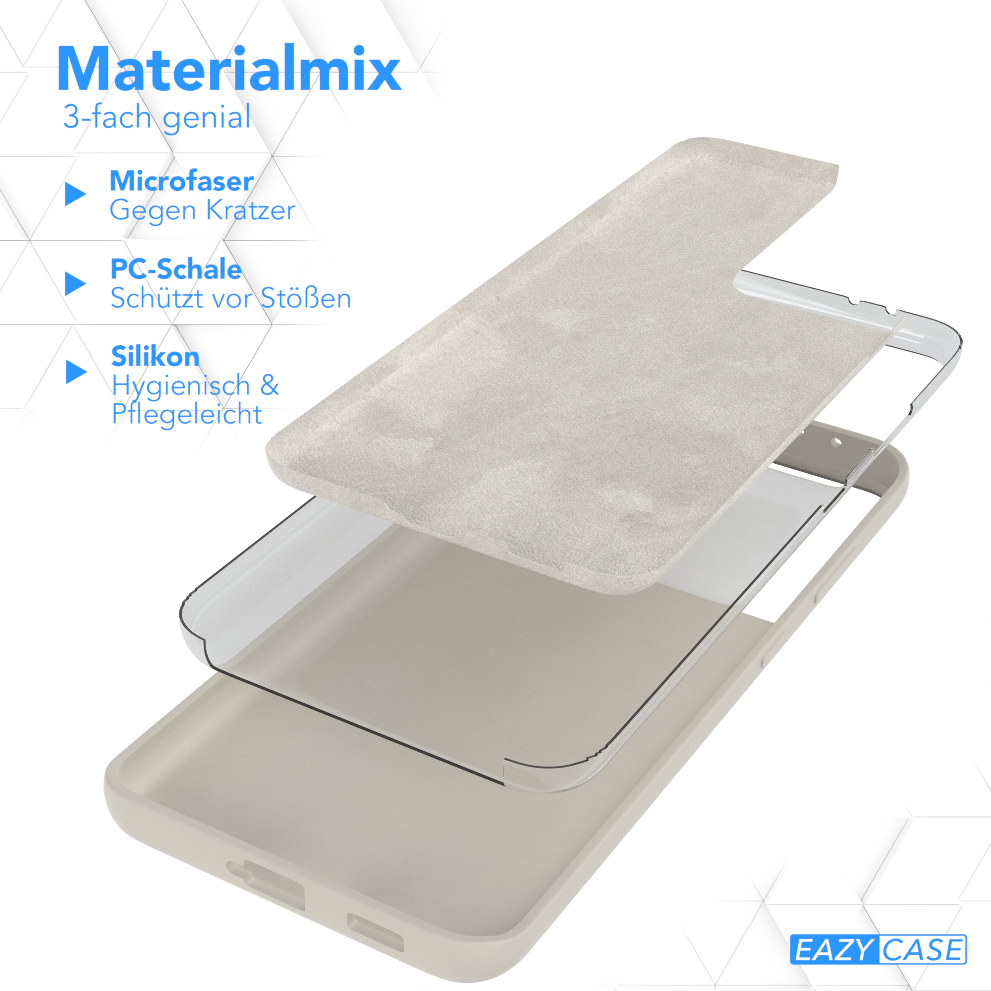 Handyhülle. Die Hülle besteht aus drei Schichten: Mikrofaser, PC-Schale und Silikon.