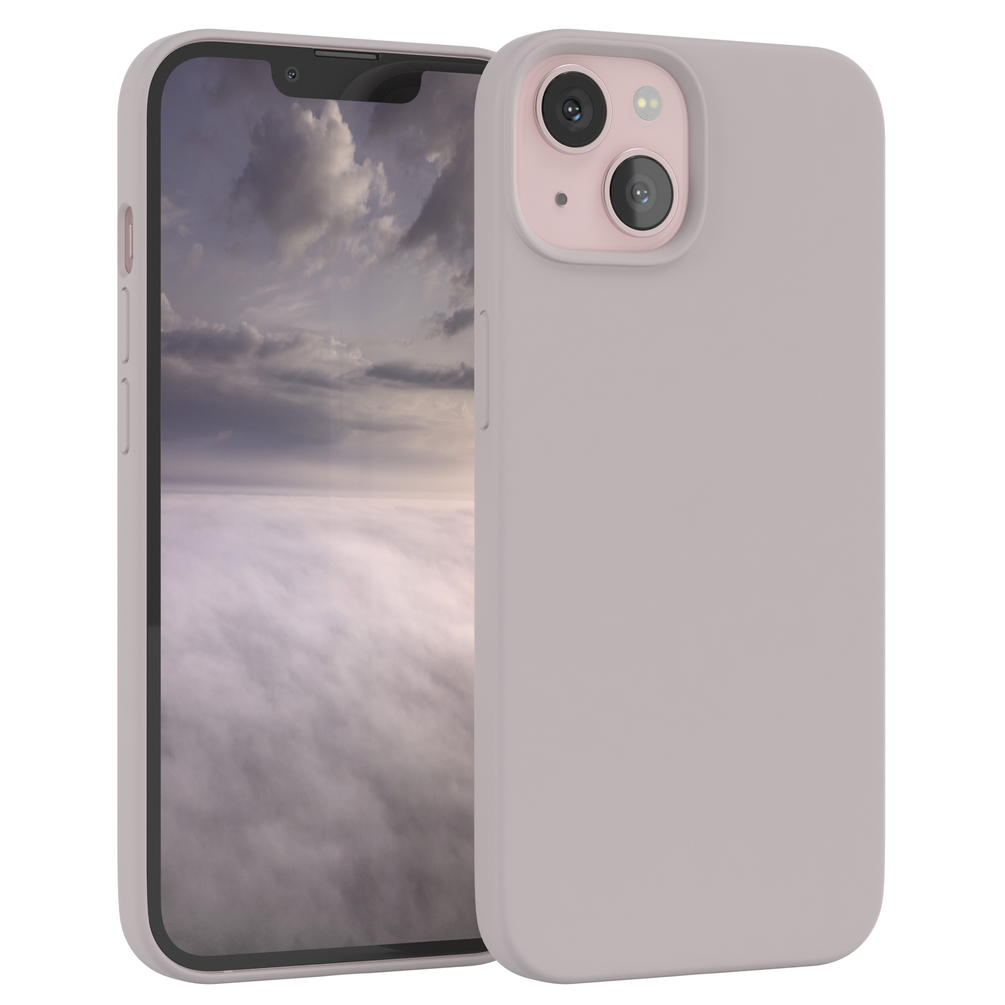 Telefon mit grauer Hülle. Der Bildschirm zeigt einen bewölkten Himmel über einer nebligen Landschaft.
