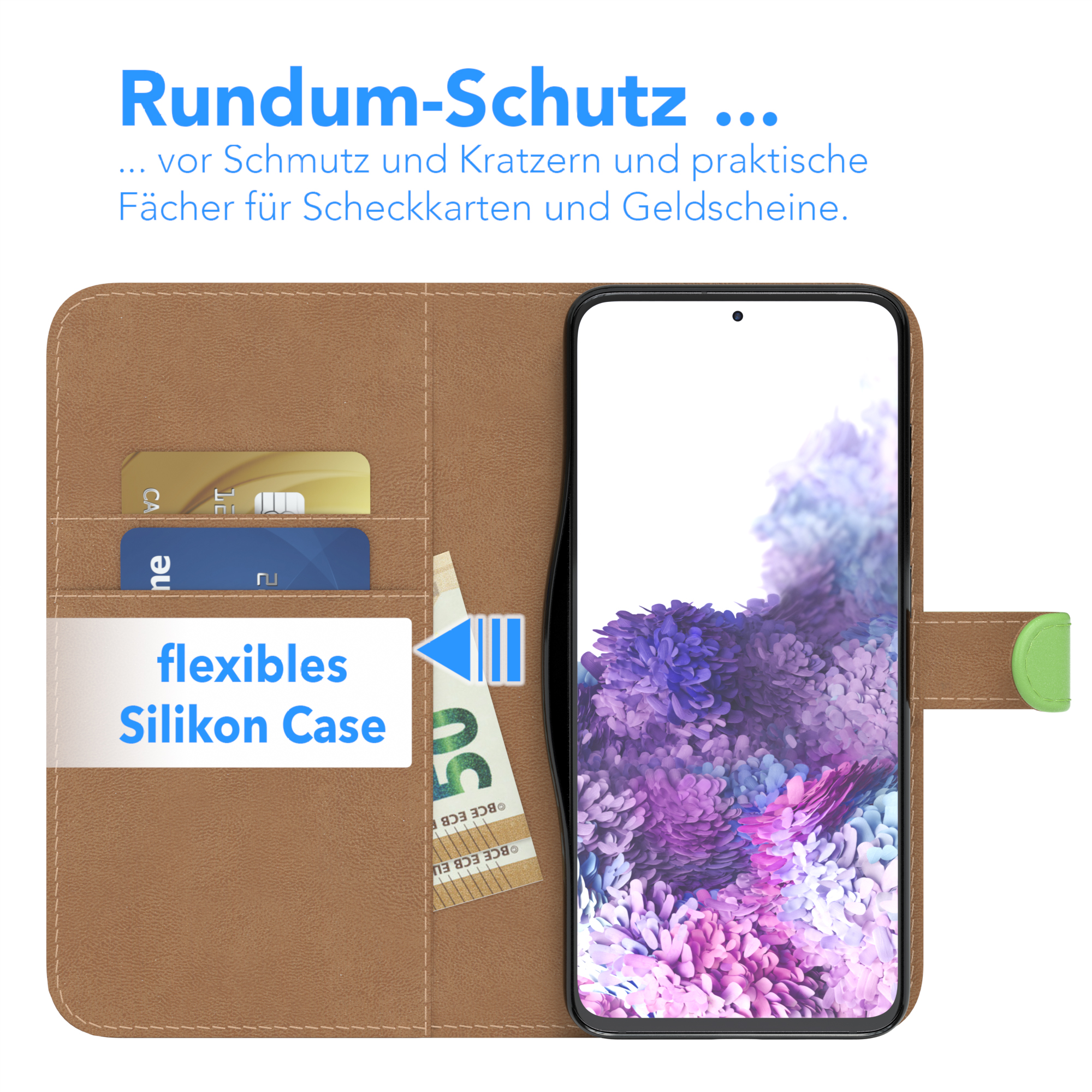 Ein Telefon in einer braunen Hülle mit Kartenfächern und einem 50-Euro-Schein, mit Bildschirm.