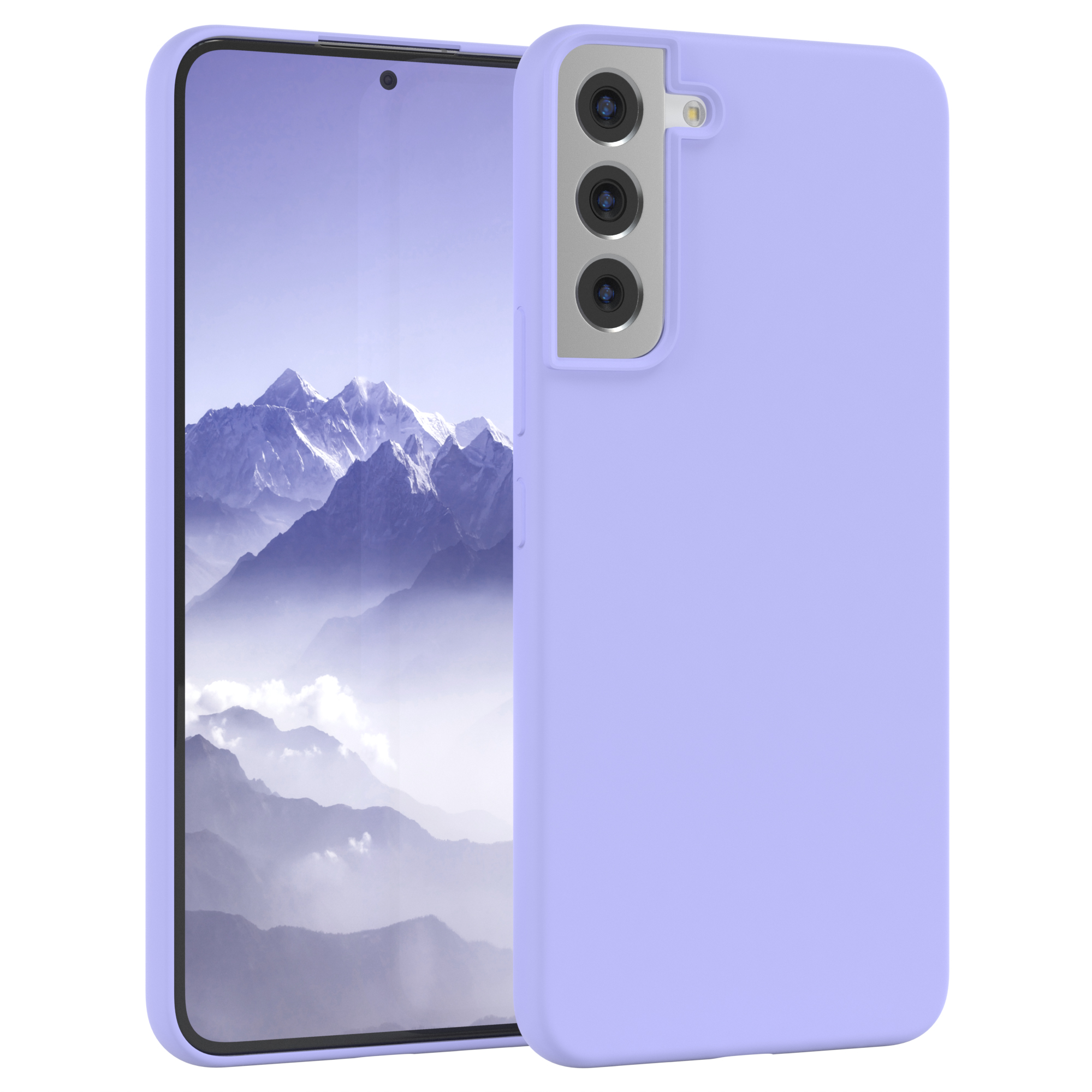Hellviolette Handyhülle mit Handy, das eine Berglandschaft zeigt. Die Hülle ist rechts.