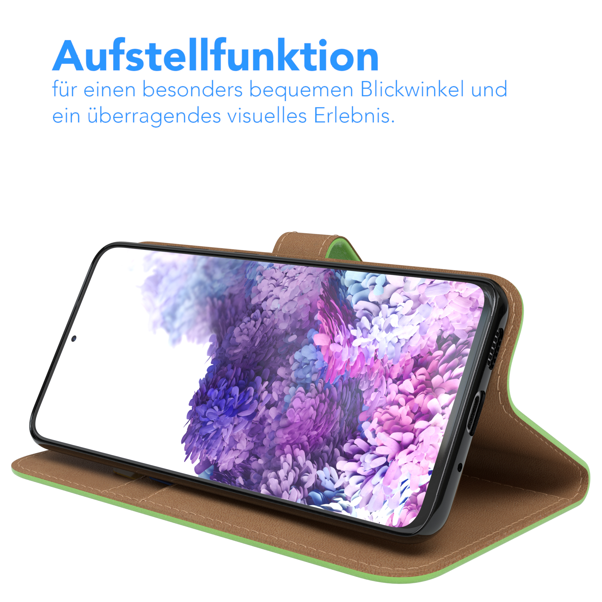 Telefon in einer Hülle, hochgeklappt. Der Bildschirm zeigt eine lila Blumenszene.
