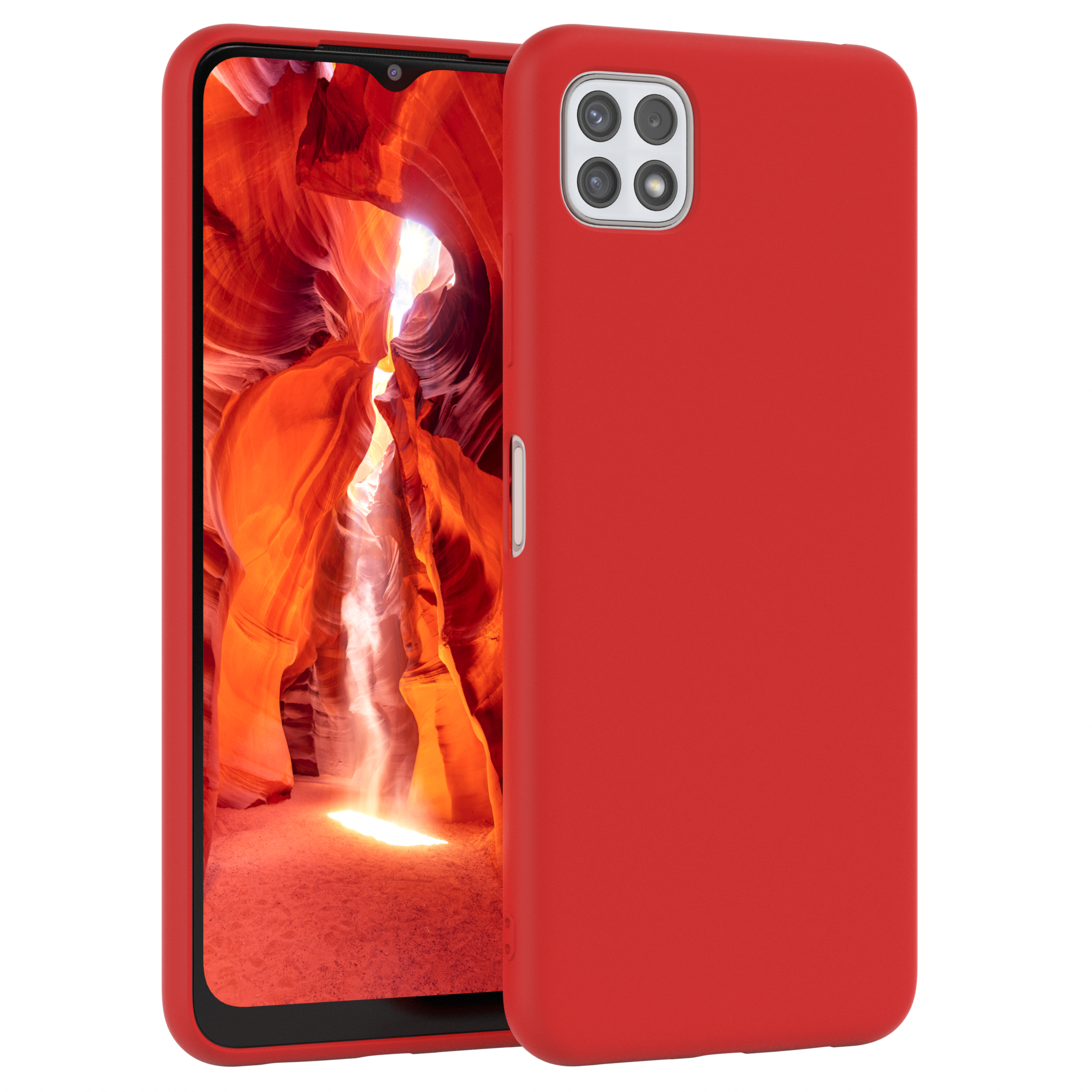 Zwei Telefone mit roten Hüllen. Der Hintergrund zeigt ein Canyon-Bild.