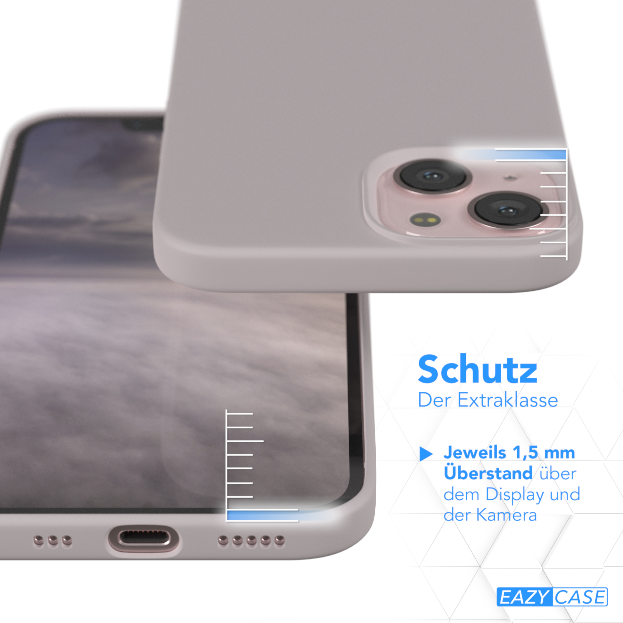 Eine Handyhülle über einer Strandszene, mit Text, der Schutz anzeigt. Die Hülle ist 1,5 mm über Display und Kamera.