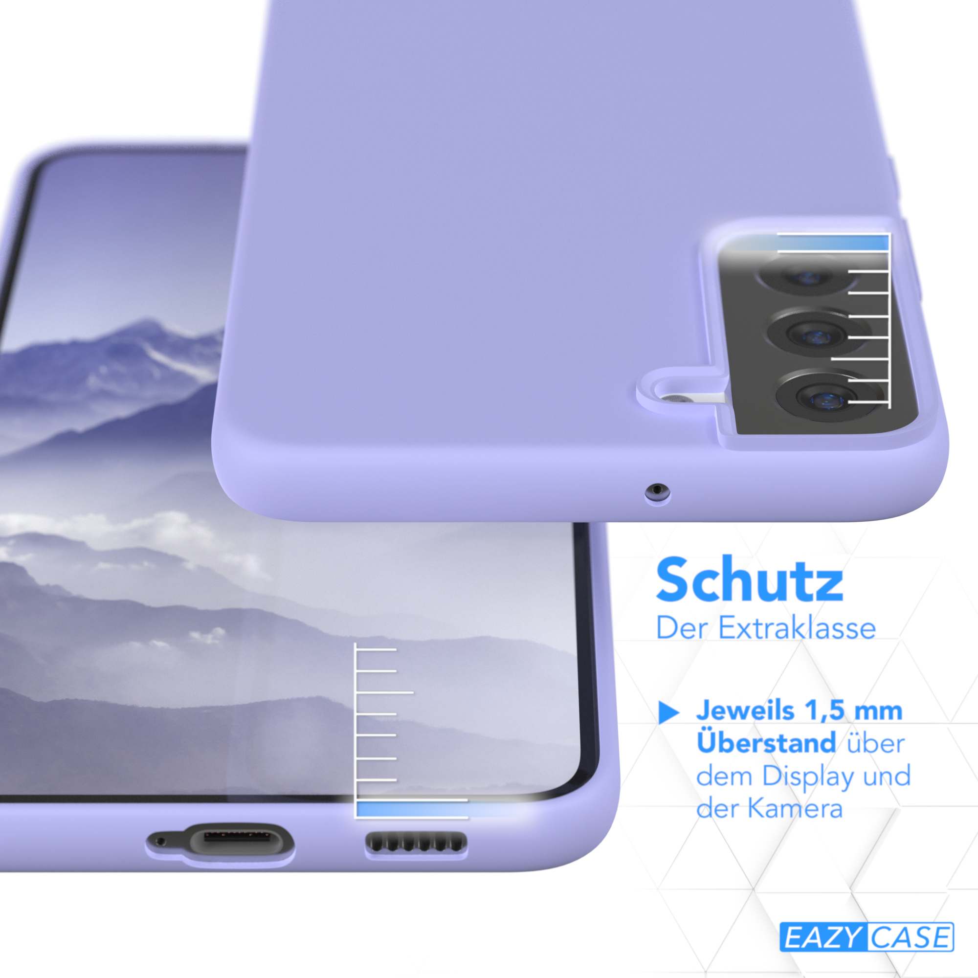 Nahaufnahme einer Handyhülle mit Telefon. Text: Schutz. Details zum Display- und Kameraschutz.