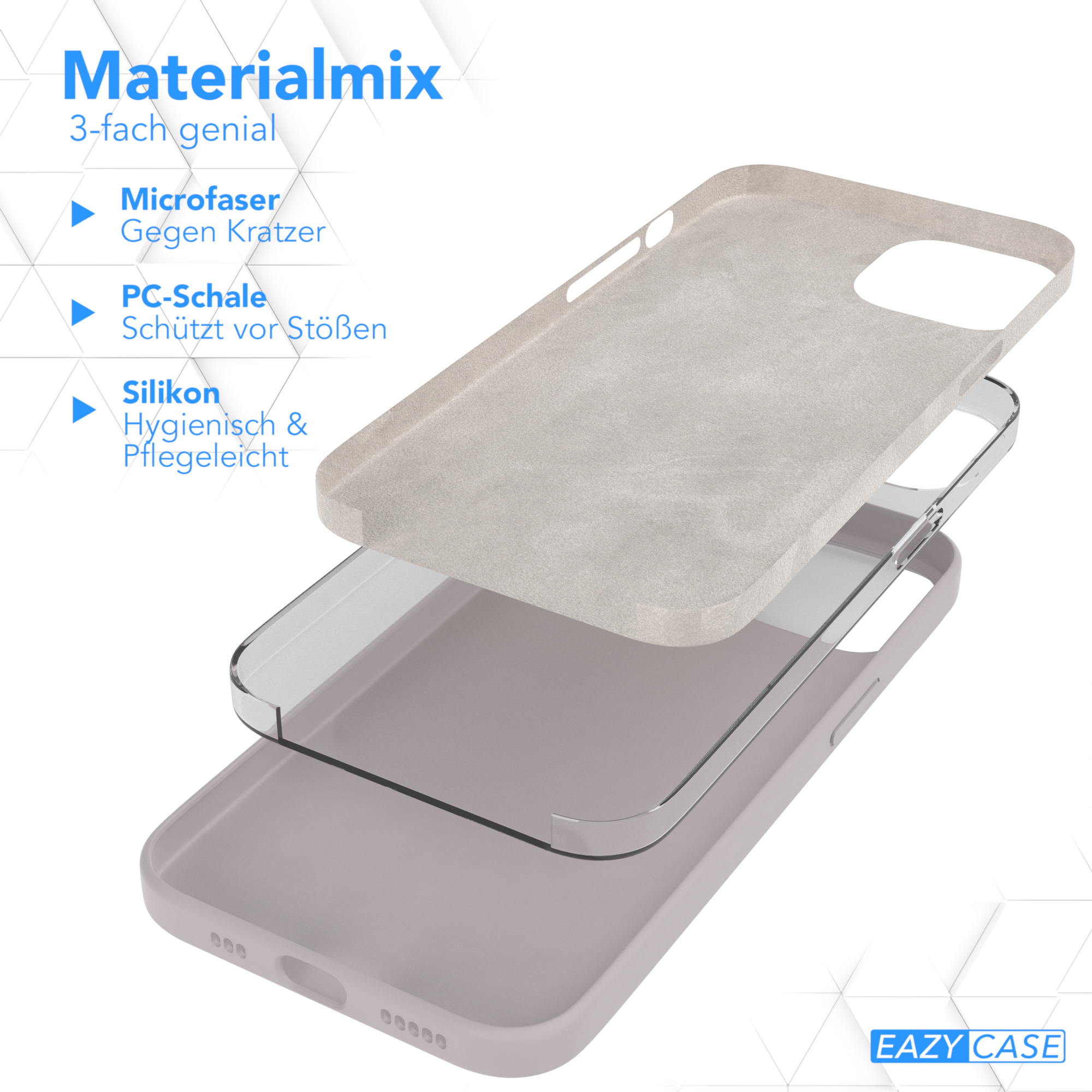 Handyhüllen-Schichten: Mikrofaser, PC-Schale und Silikon. Text: Materialmix. Mikrofaser gegen Kratzer, etc.