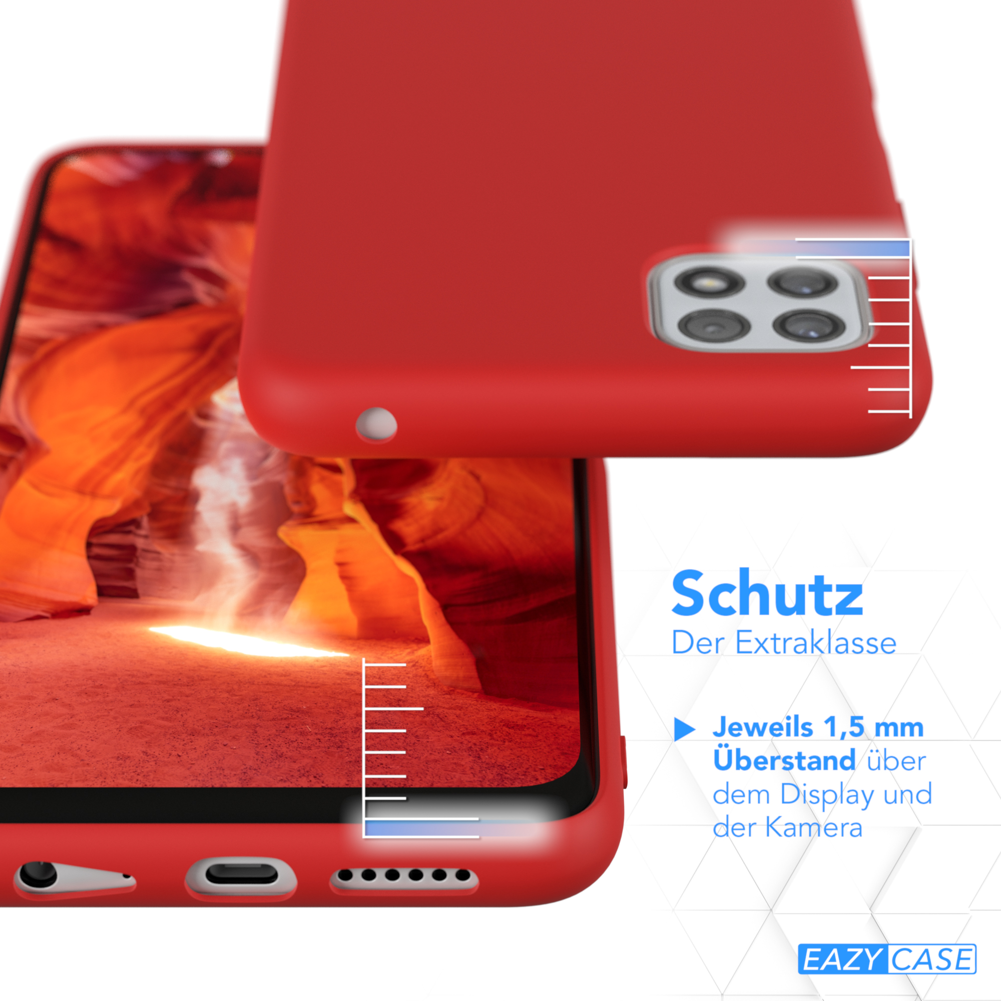 Rote Handyhülle neben einem Telefon. Nahaufnahme der Telefonkamera und des Bildschirms.