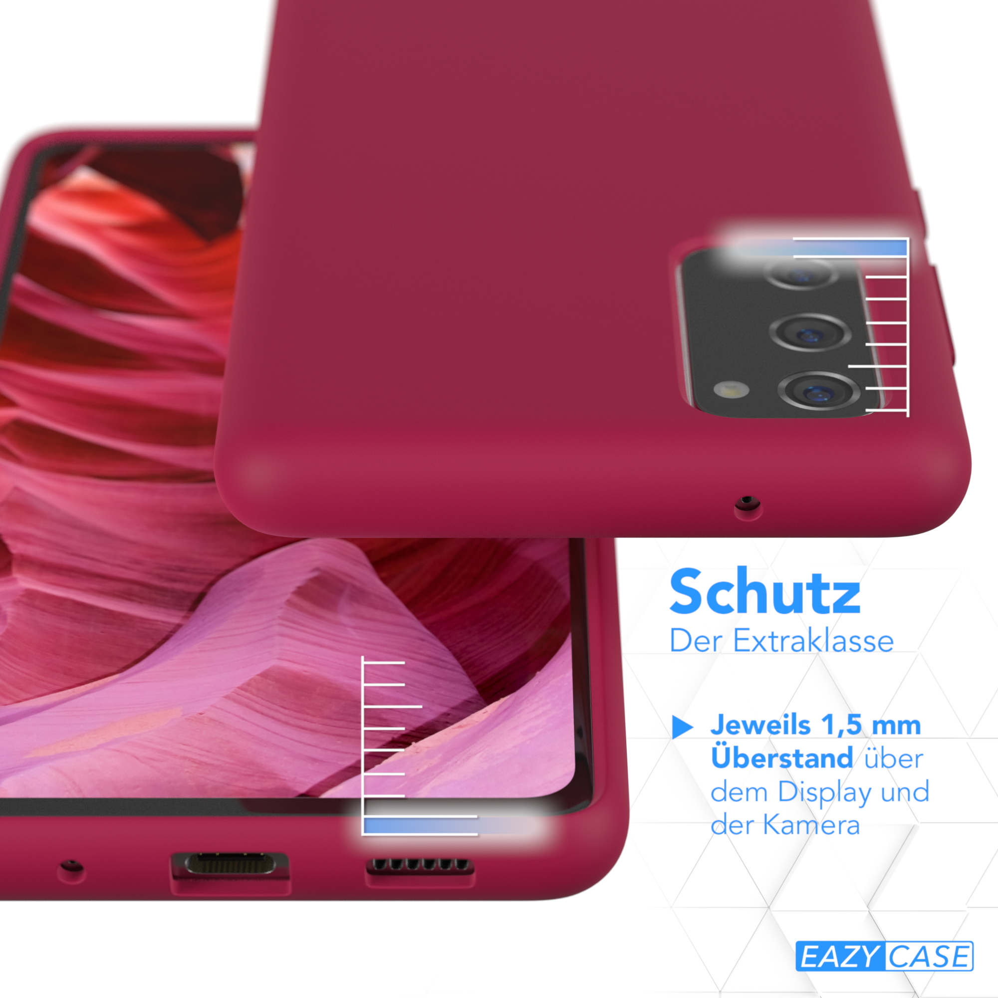 Eine dunkelrote Handyhülle, die den Telefonschutz zeigt. Text: Schutz. 1,5 mm Display- und Kameraschutz.