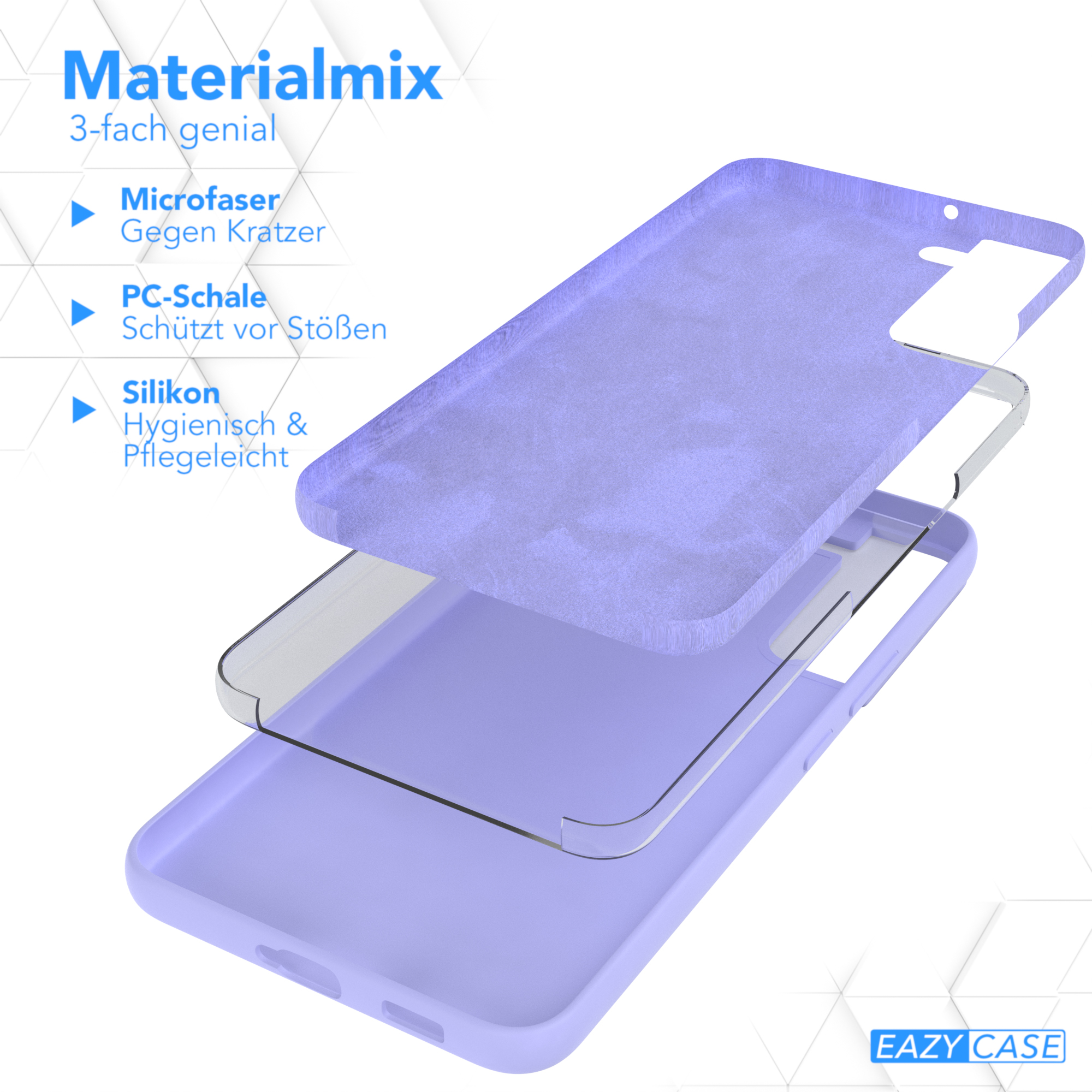 Dreischichtige Handyhüllenteile, die Mikrofaser, PC-Schale und Silikon zeigen. Lila Farbschema. EAZY CASE Logo.