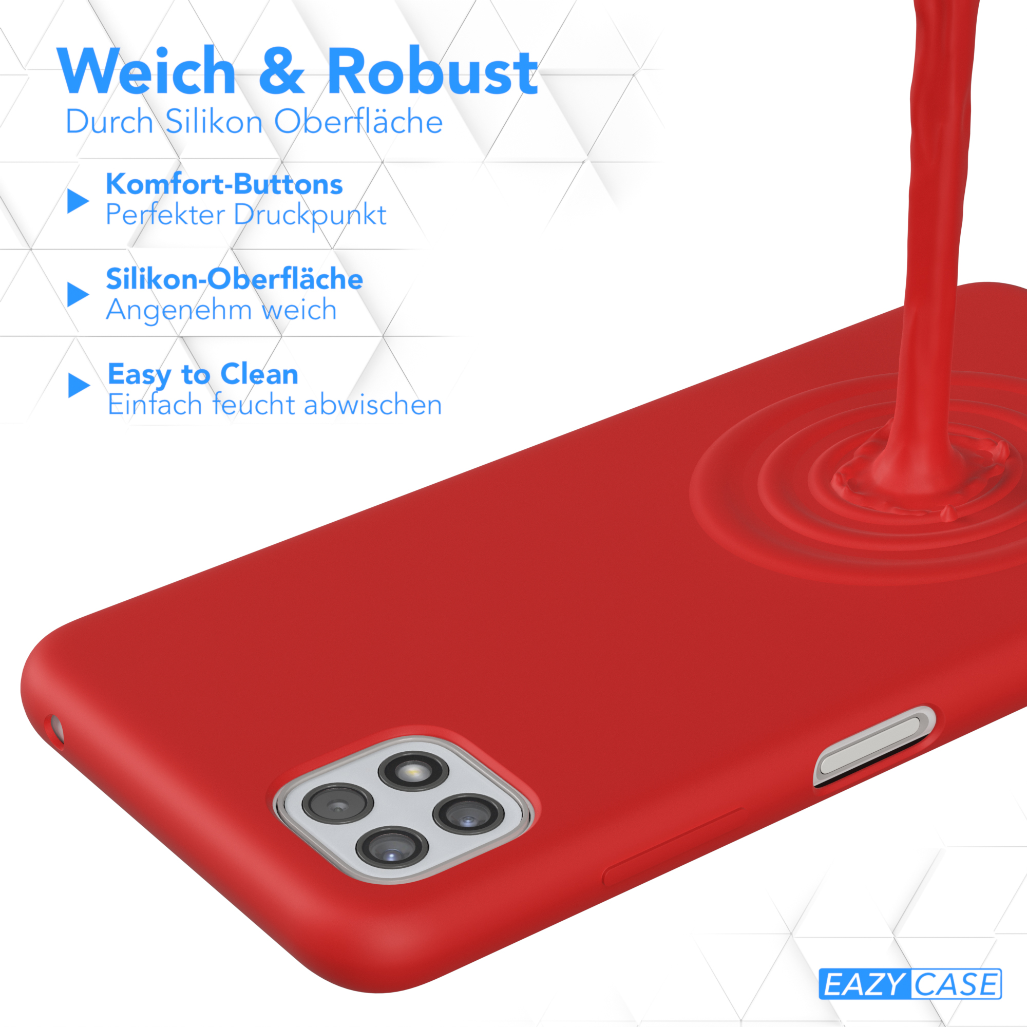 Eine rote Handyhülle mit roter Flüssigkeit, die darüber gegossen wird. Text zeigt 'Weich & Robust' und 'Easy to Clean'.