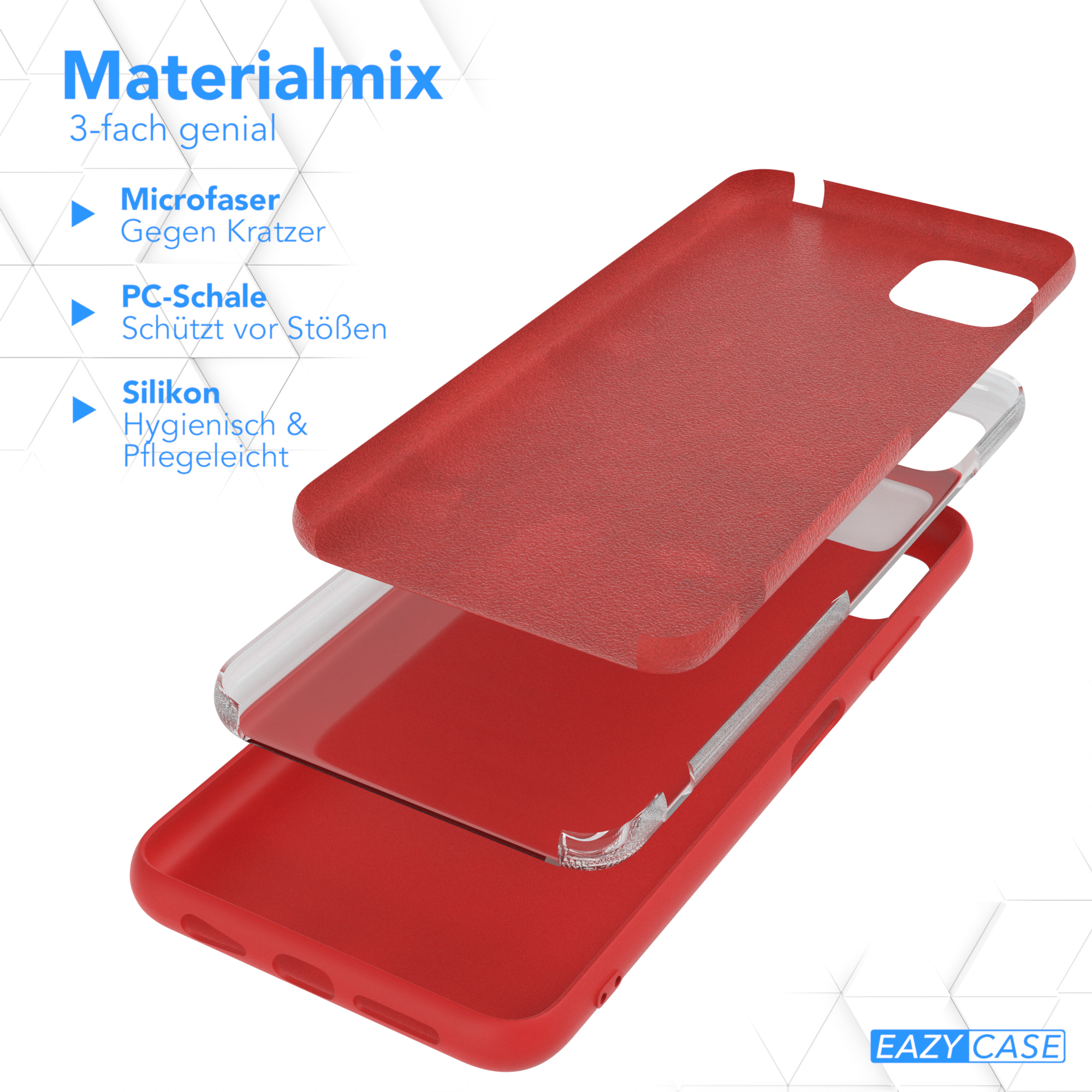 Handyhüllen-Schichten. Mikrofaser, PC-Schale und Silikon. Rote Farbe.