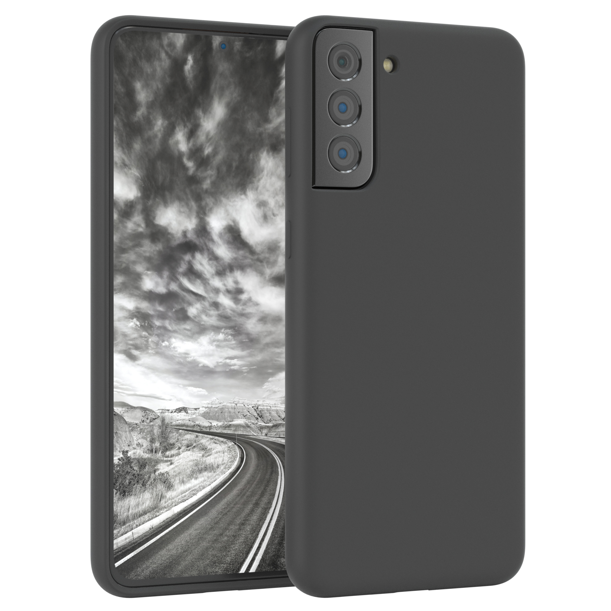 Schwarze Handyhülle, offen, zeigt ein Telefon mit Landschaftsbild auf dem Bildschirm.