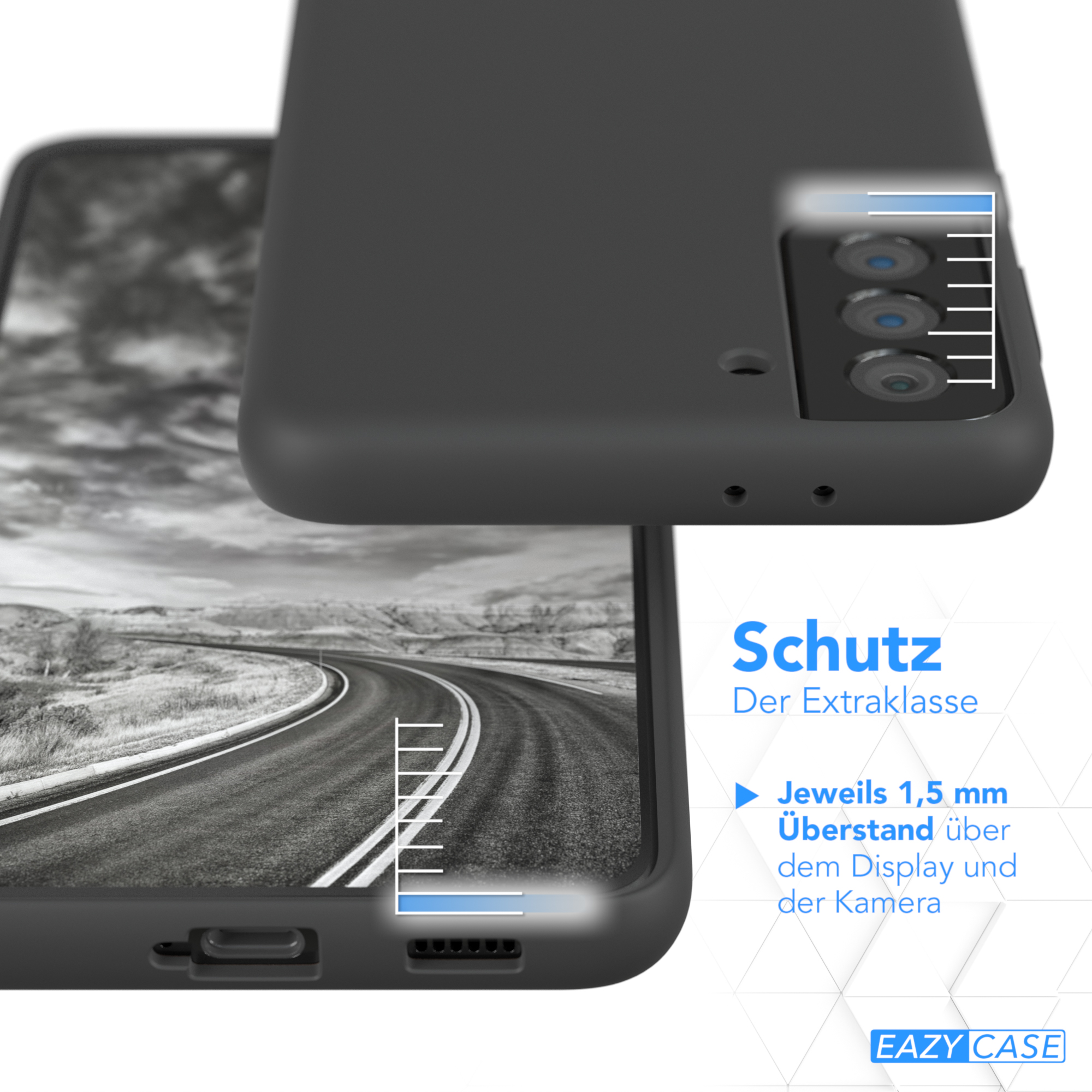Handyhülle Nahaufnahme. Text: Schutz der Extraklasse. Zeigt 1,5 mm Display- und Kamerarand.
