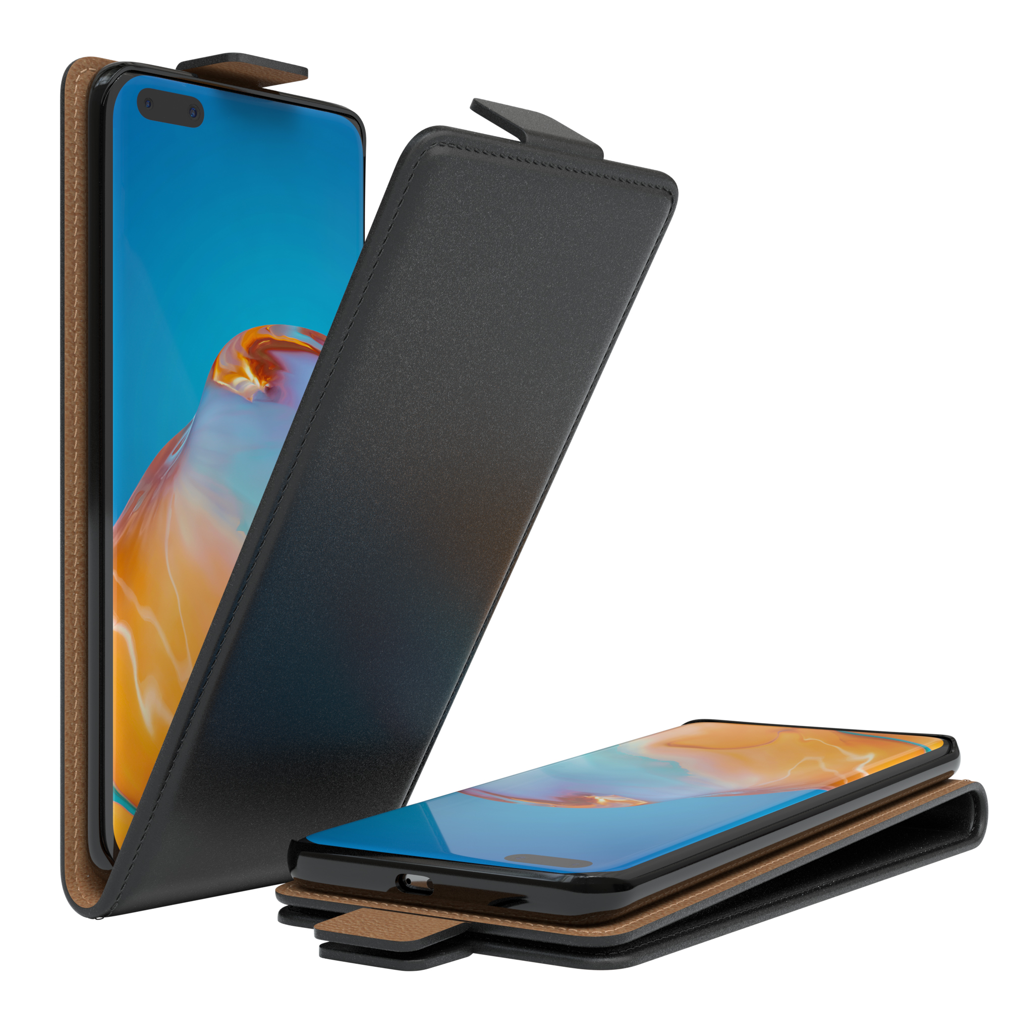 Schwarzes Telefon in einer schwarz-braunen Hülle, geöffnet mit sichtbarem Bildschirm.