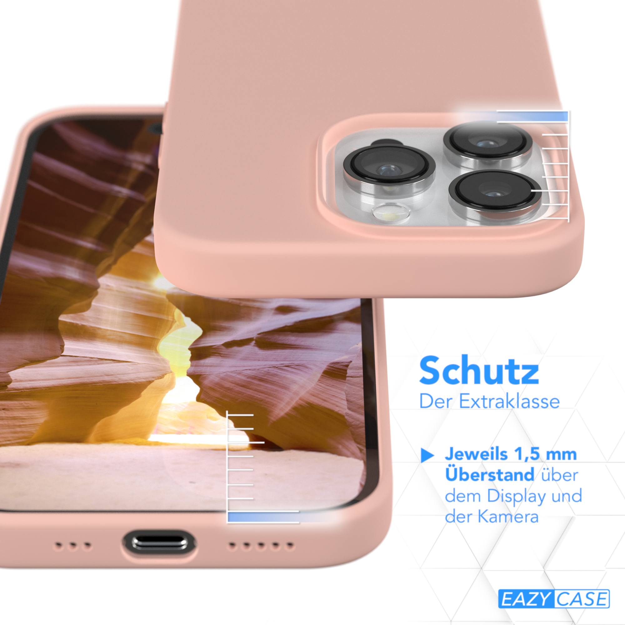 Eine pinke Handyhülle mit drei Kameralöchern, die auf ein Telefon gelegt wurde, das ein Bild anzeigt.