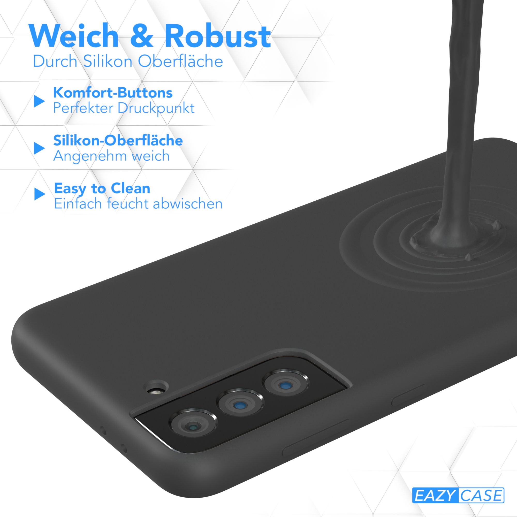 Eine schwarze Handyhülle mit einem Telefon darin und eine schwarze Flüssigkeit, die darauf gegossen wird.