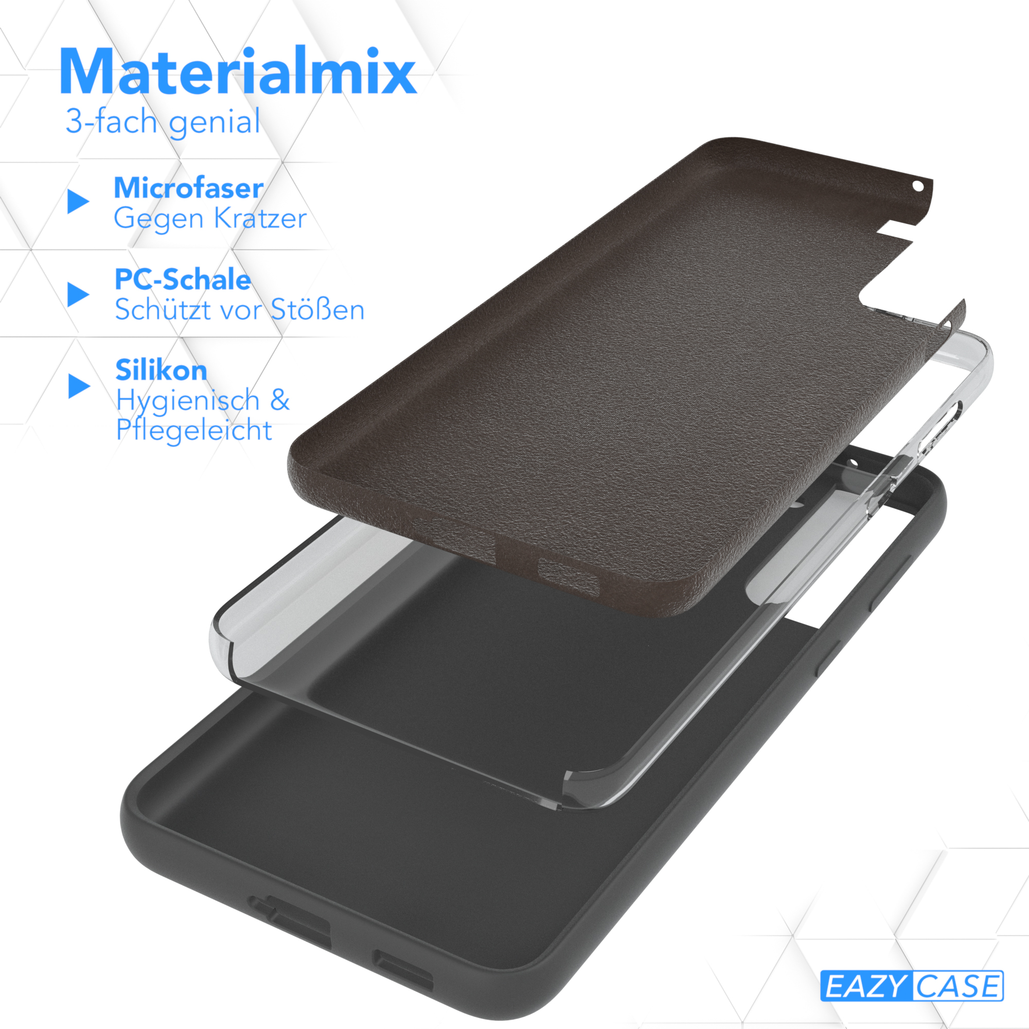 Handyhülle in Schichten: Mikrofaser, PC-Schale und Silikon. Text zeigt Materialmix und Schutz.