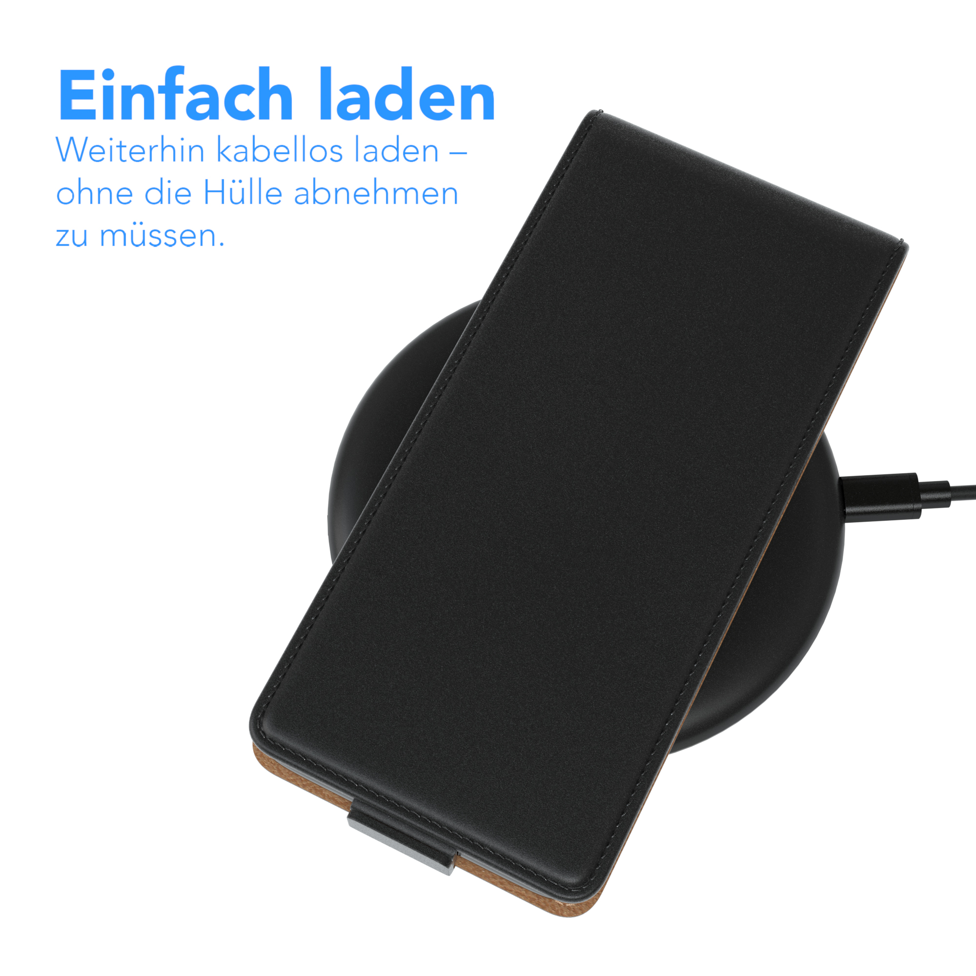 Schwarze Handyhülle auf Ladegerät. Text: Einfach laden, weiterhin kabellos laden.