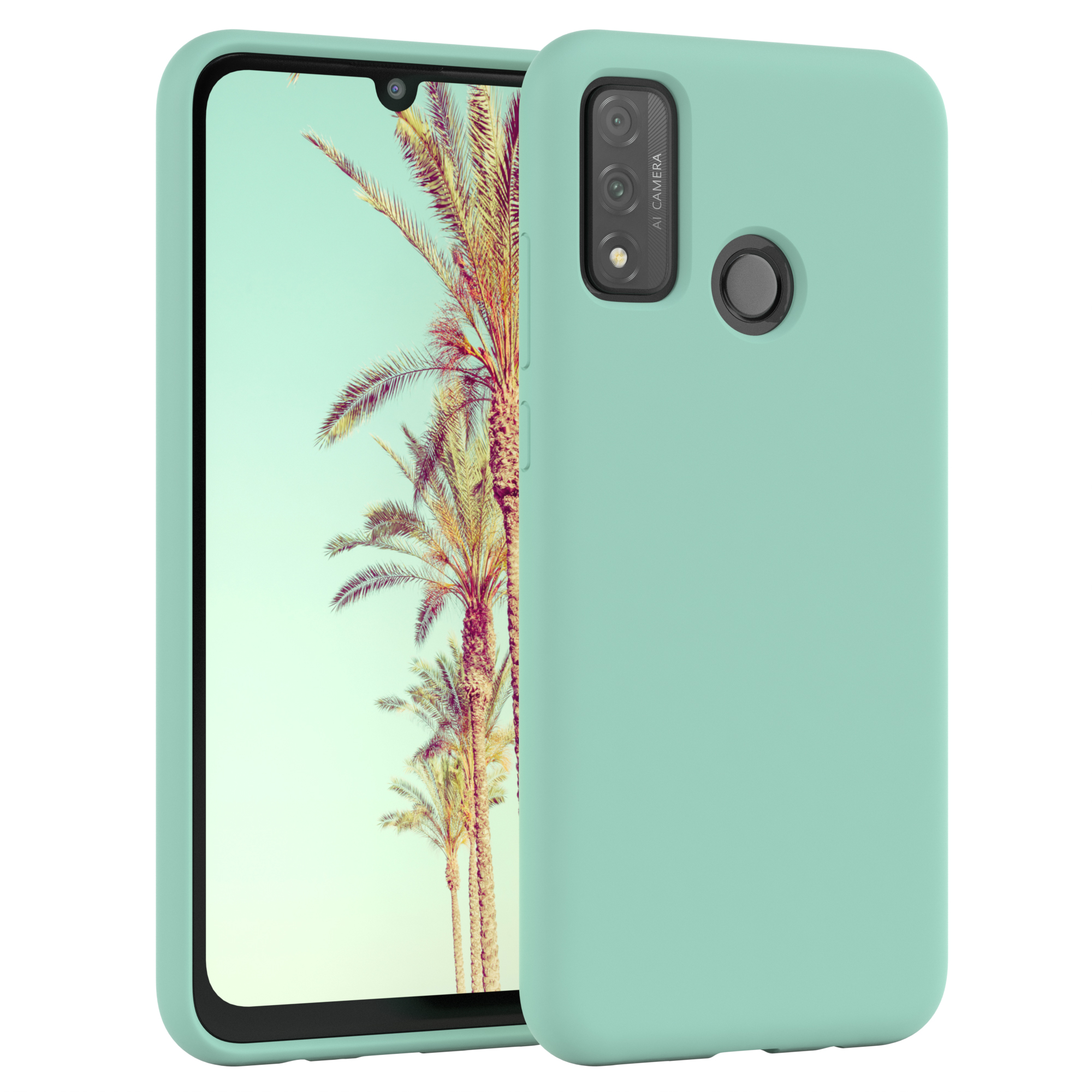 Mintgrünes Telefon mit Hülle, zeigt eine Palmen-Szene. Die Hülle ist mintgrün.