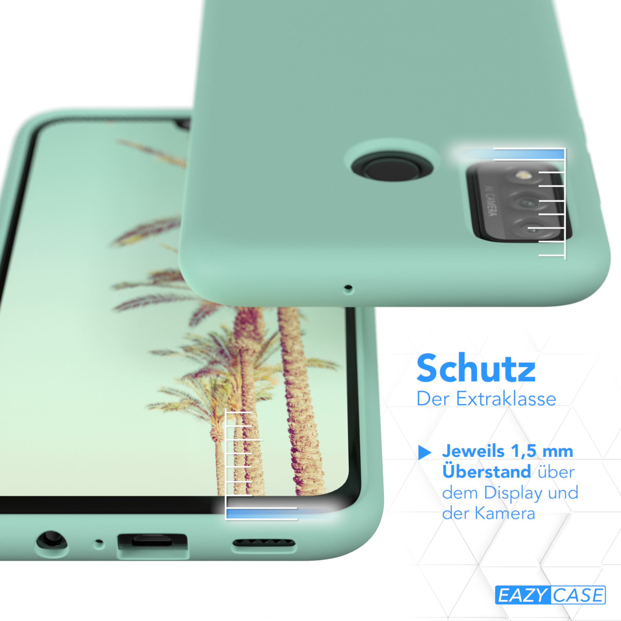 Nahaufnahme eines Telefons in einer mintgrünen Hülle. Die Hülle schützt das Telefon.