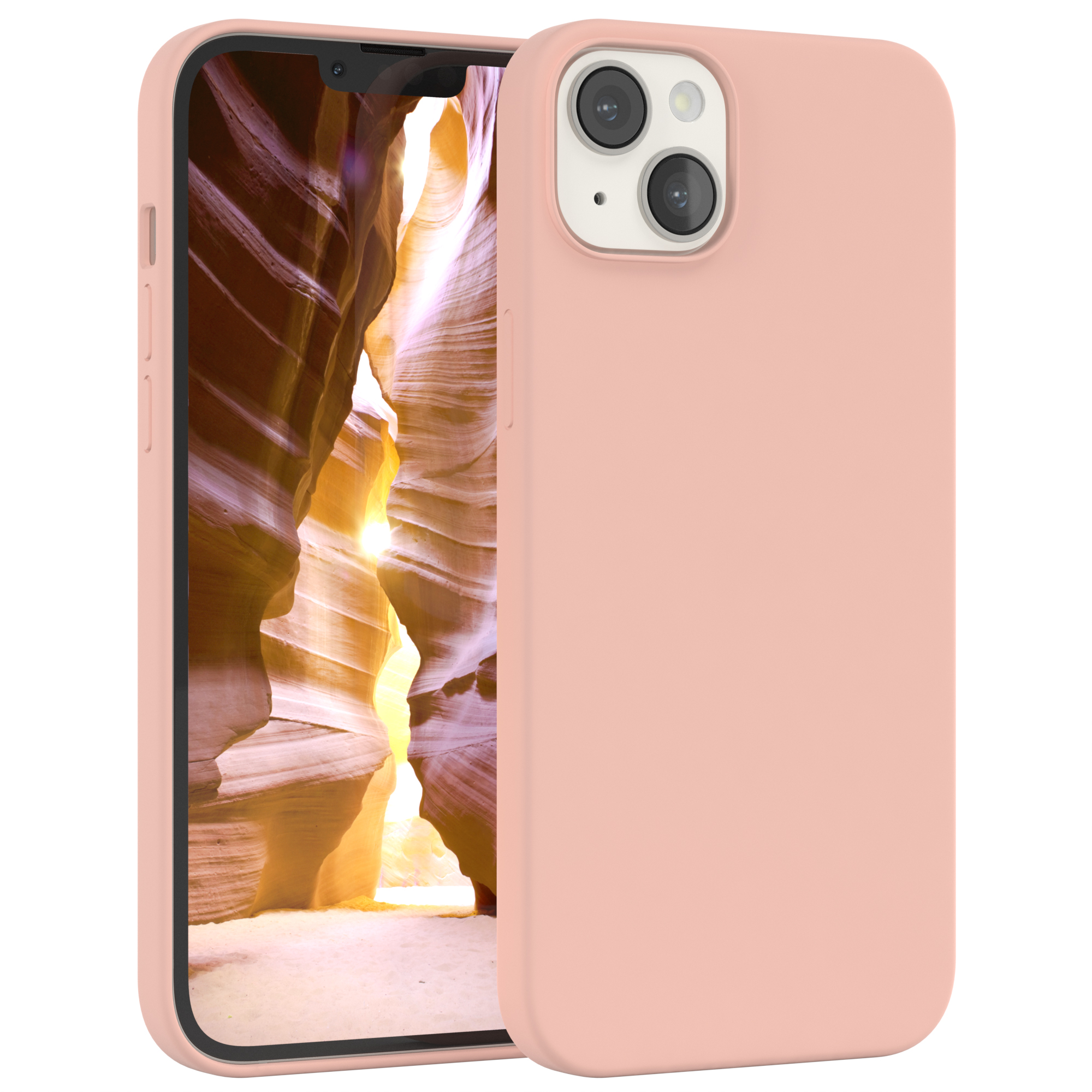 Rosa Telefon mit rosa Hülle. Der Bildschirm zeigt einen Canyon mit Sonnenlicht. Der Hintergrund ist der Canyon selbst.