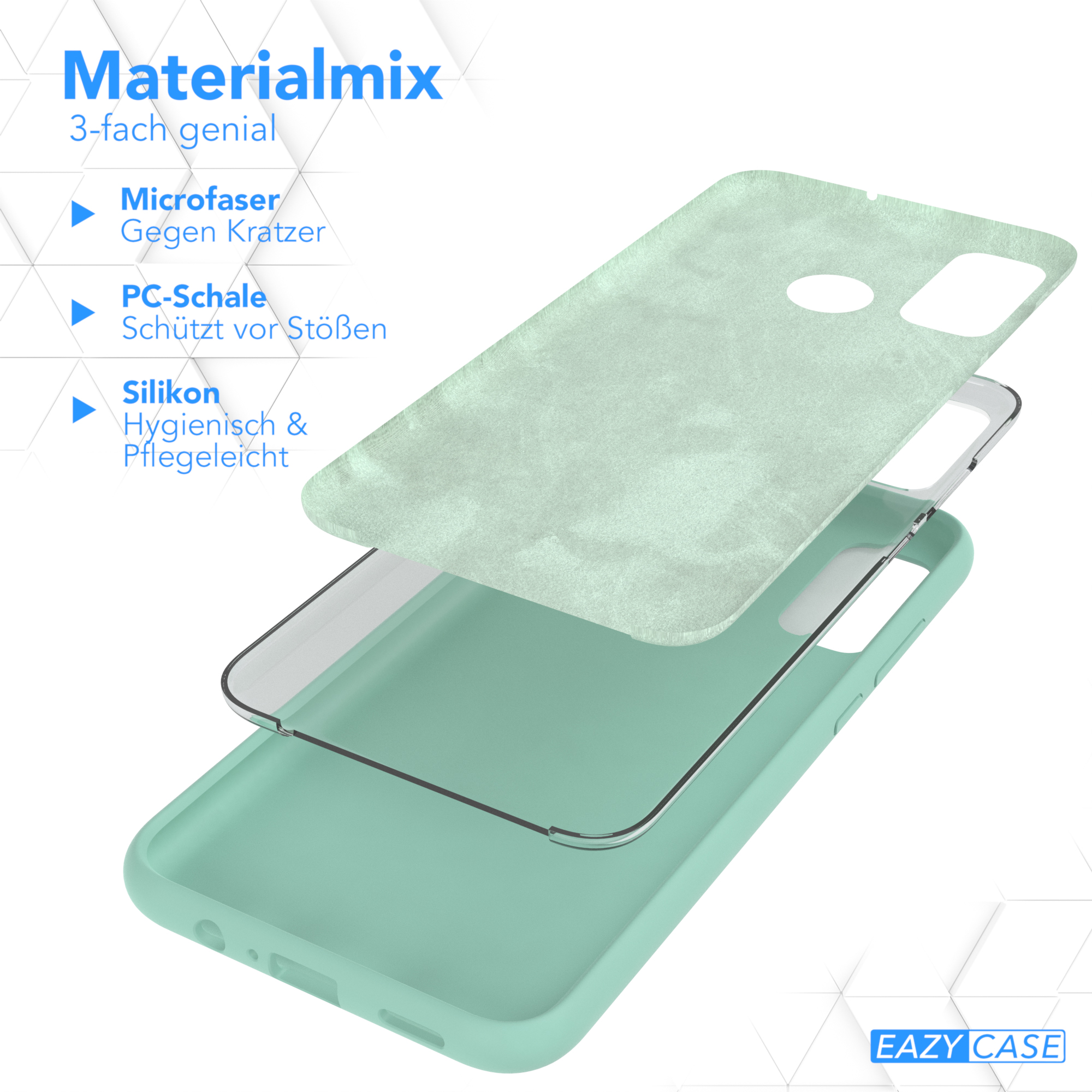 Drei Schichten aus Handyhüllenmaterialien. Mikrofaser-, PC-Schalen- und Silikonschichten werden gezeigt.