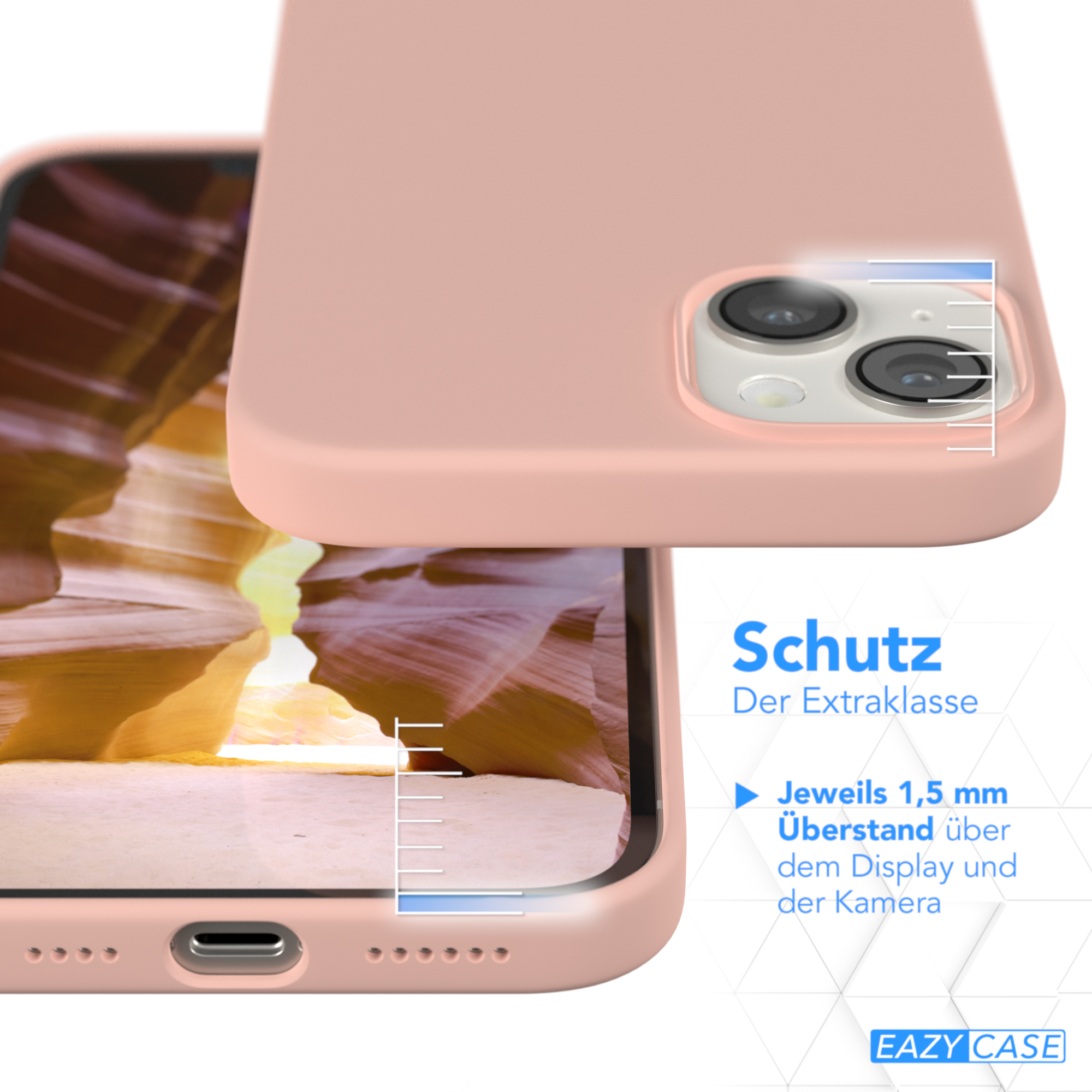 Eine Handyhülle mit rosa Außenseite und Telefon im Inneren, mit Text über Schutz.