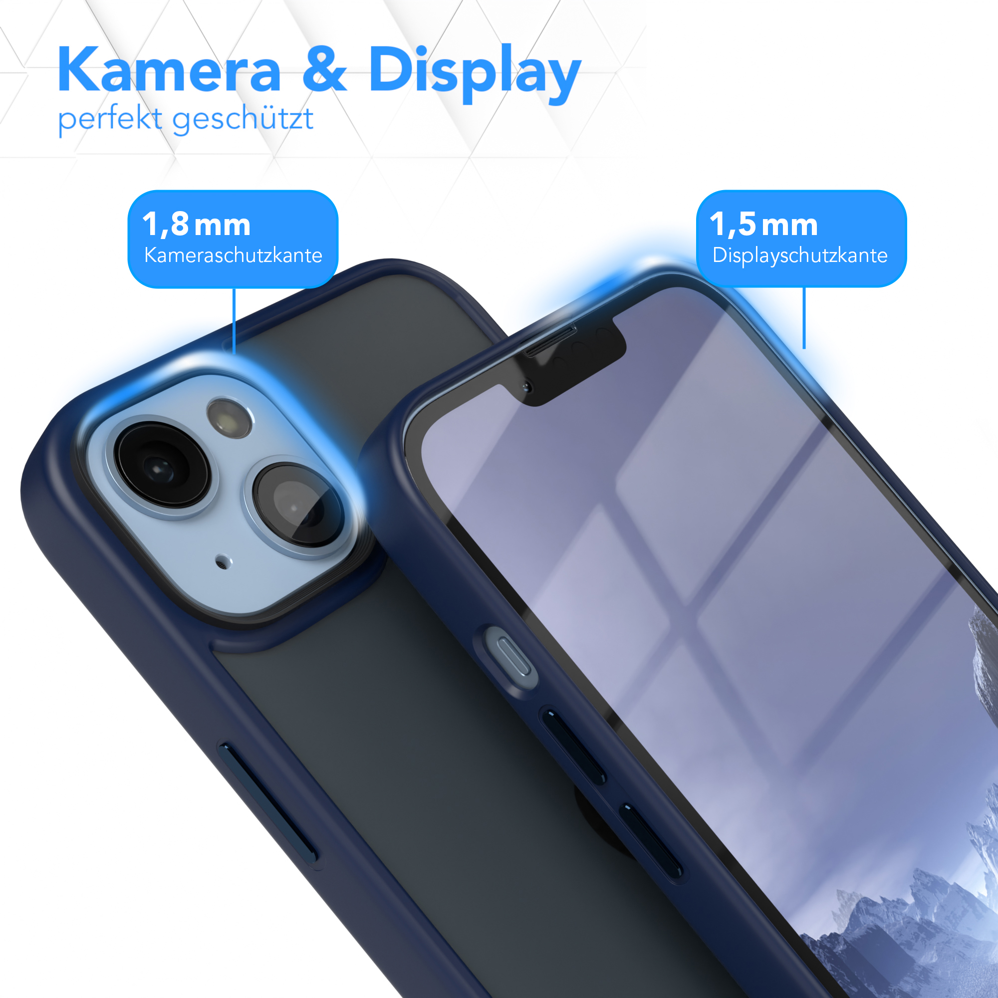 Zwei Telefone in Hüllen; eines blau, eines schwarz. Text: Kamera & Display perfekt geschützt.