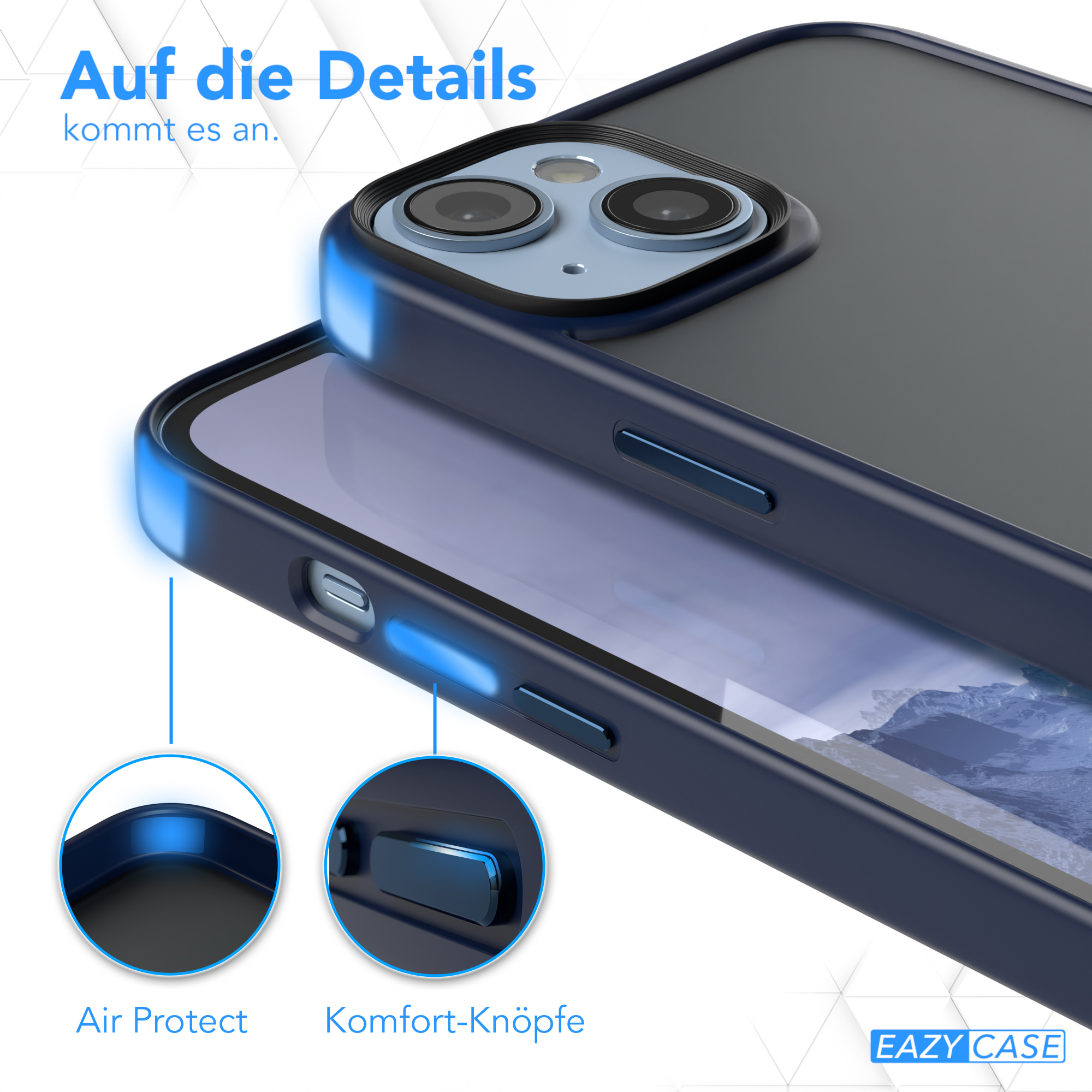 Handyhülle mit einem Telefon. Text erwähnt Air Protect und Komforttasten. Die Hülle ist dunkelblau.