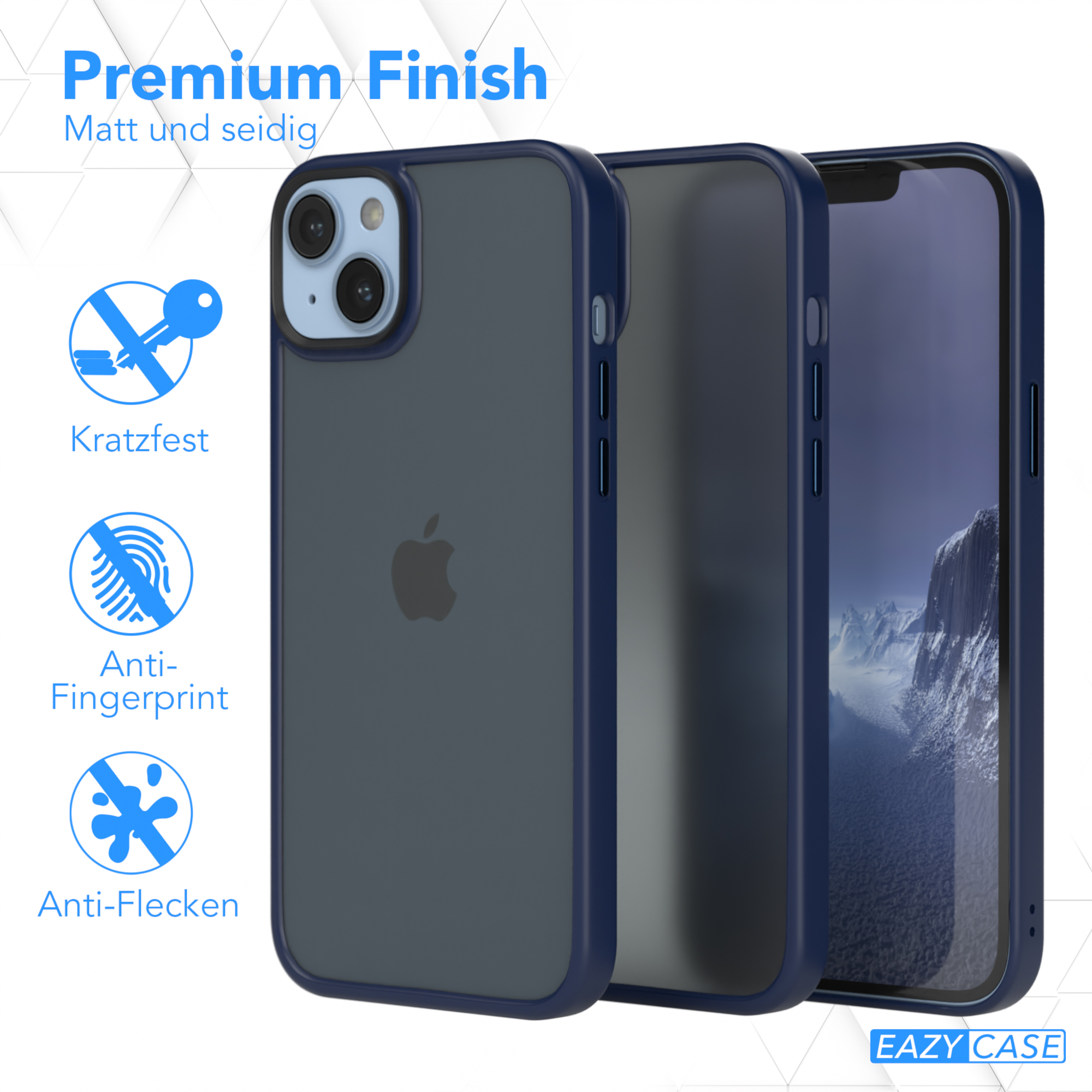 Drei Handyhüllen werden angezeigt. Eines hat eine dunkelblaue Rückseite. Das Apple-Logo ist sichtbar.