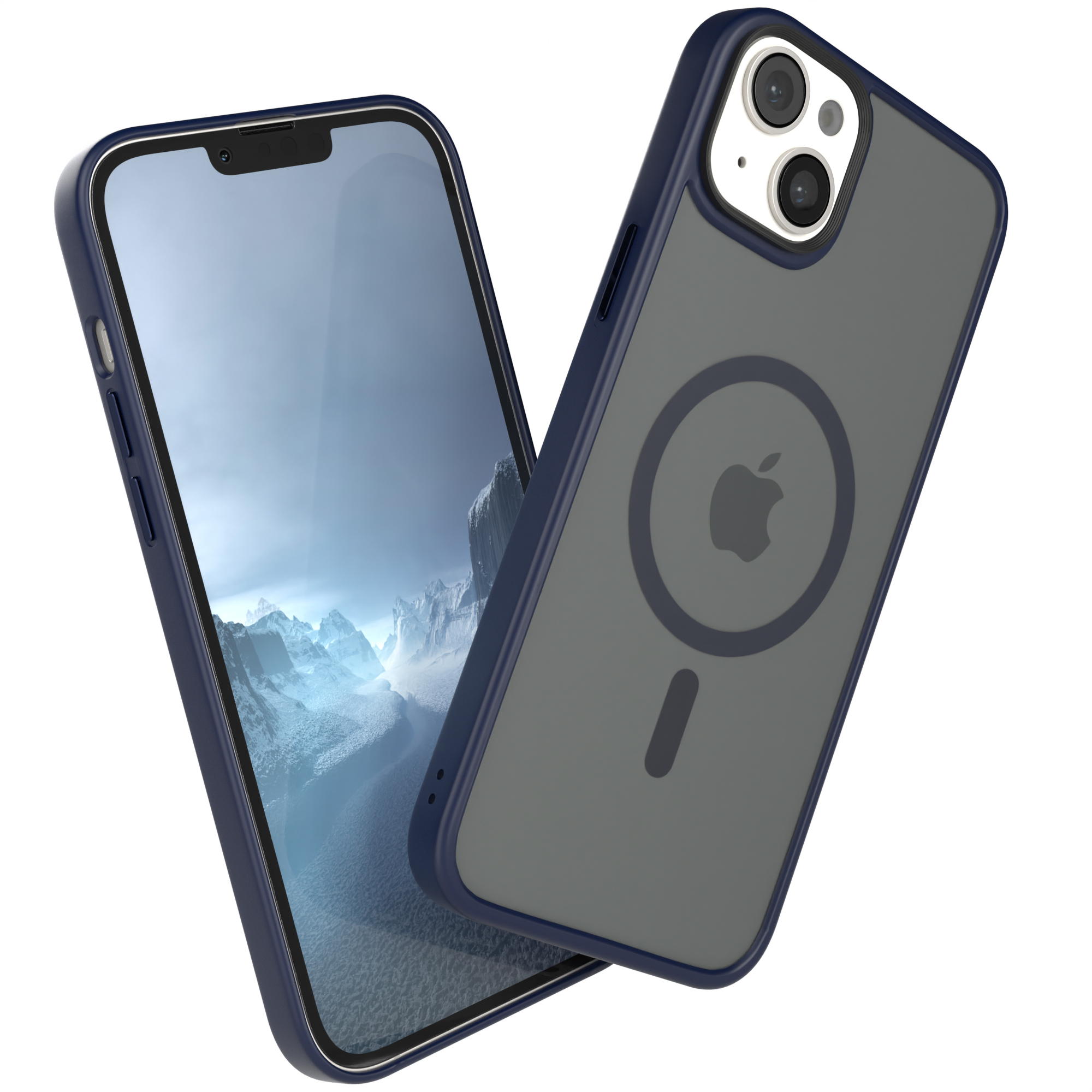 Telefon und Hülle. Blaue Hülle, graue Rückseite. Telefon zeigt eine Landschaft.