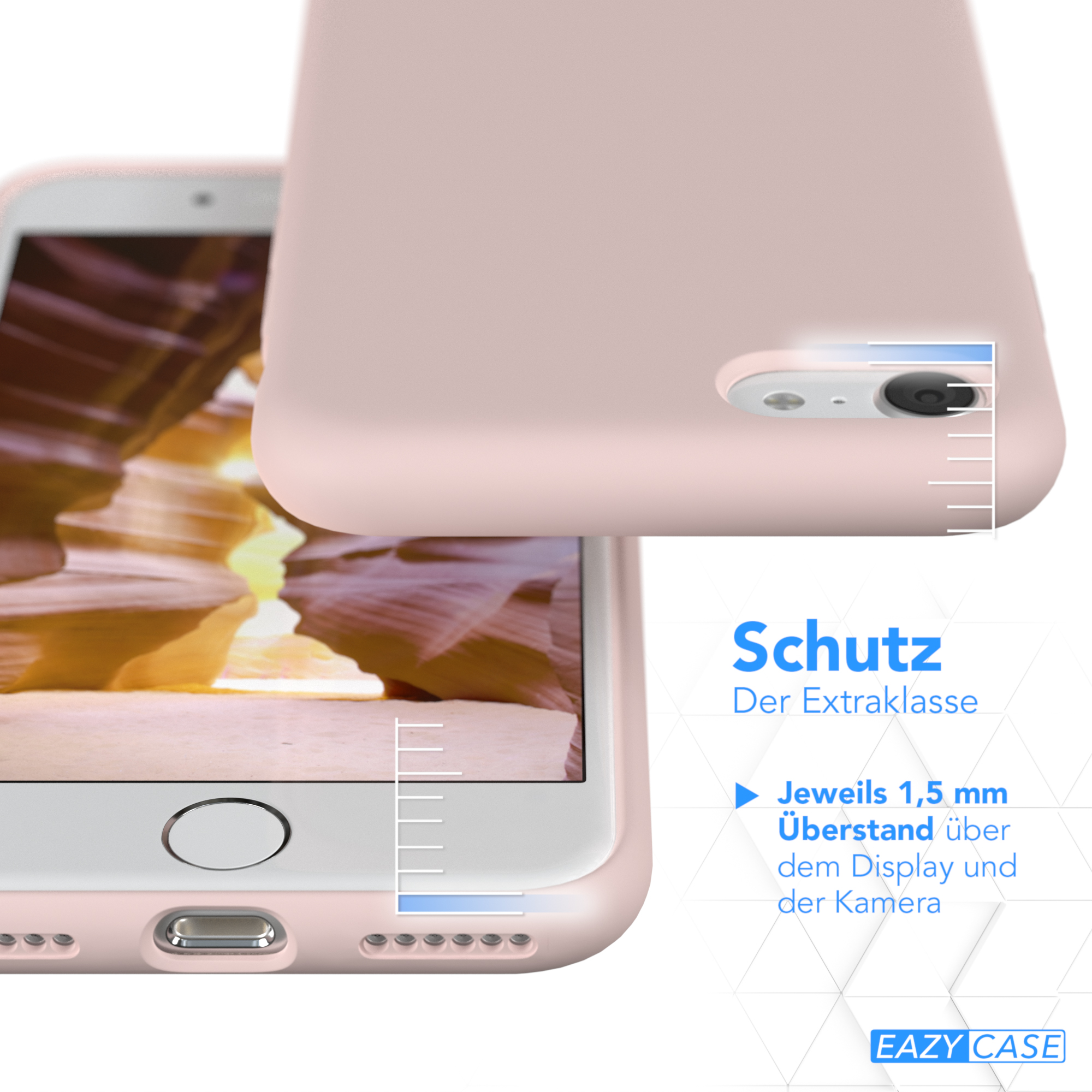 Nahaufnahme einer rosa Handyhülle, die ein Telefon schützt. Der Telefonbildschirm ist sichtbar.