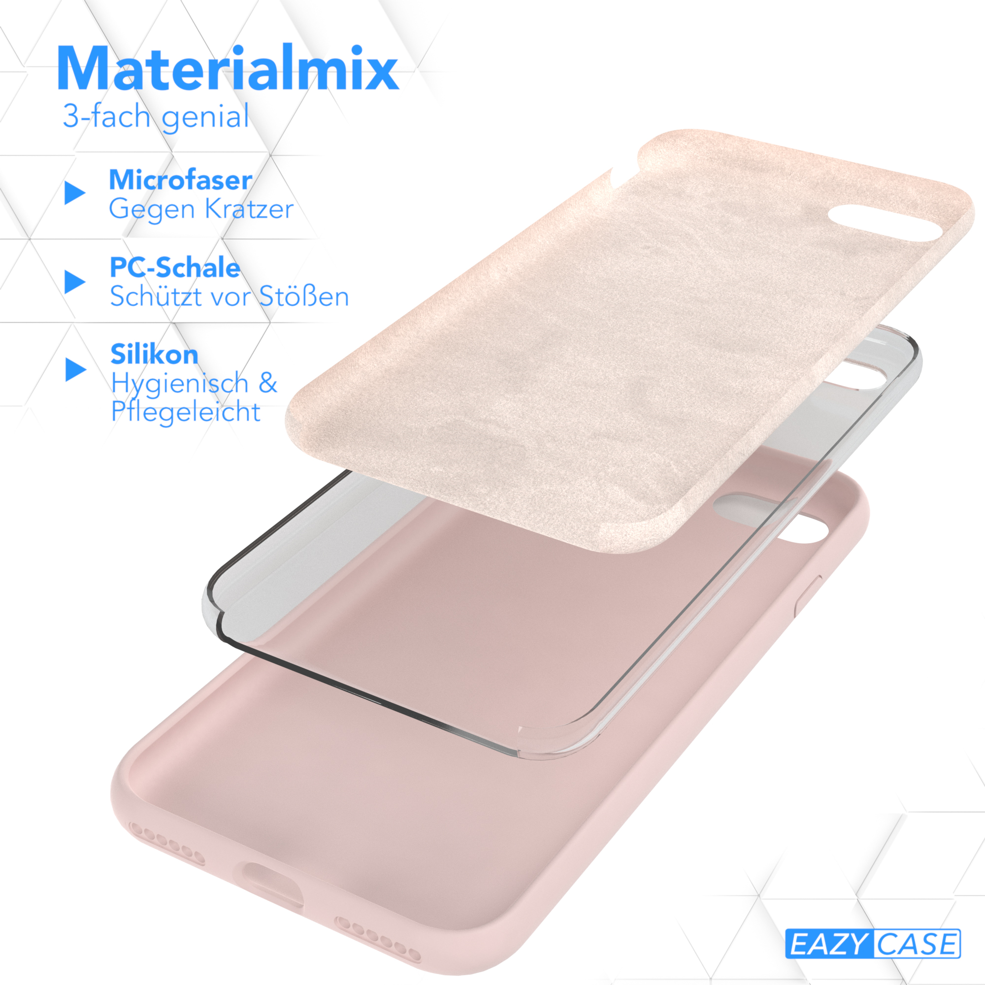 Handyhülle mit Materialschichten. Mikrofaser, PC-Schale und Silikon. Rosa und transparent.