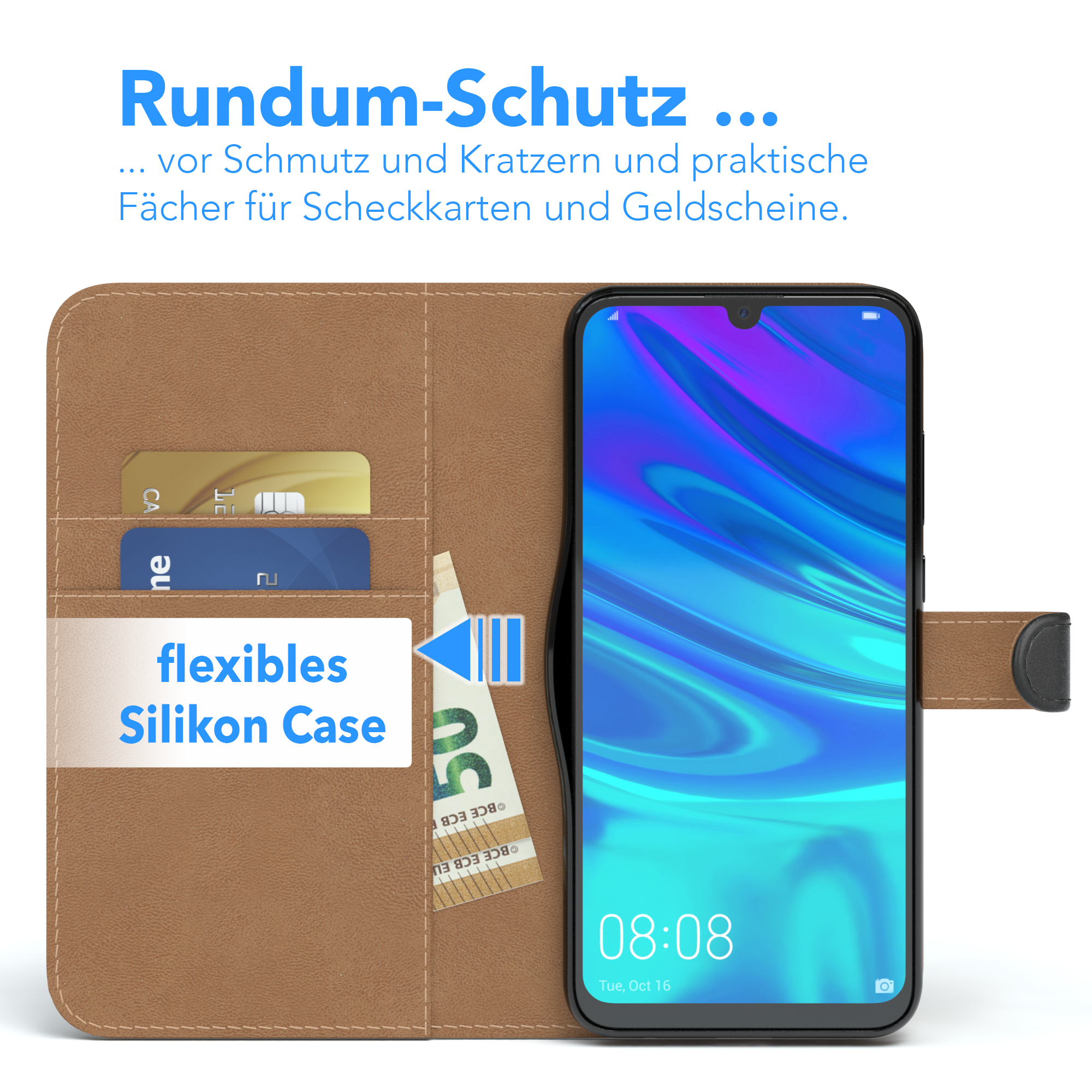 Telefon in brauner Hülle mit Karten und Geld. Text: flexibler Silikon-Case.