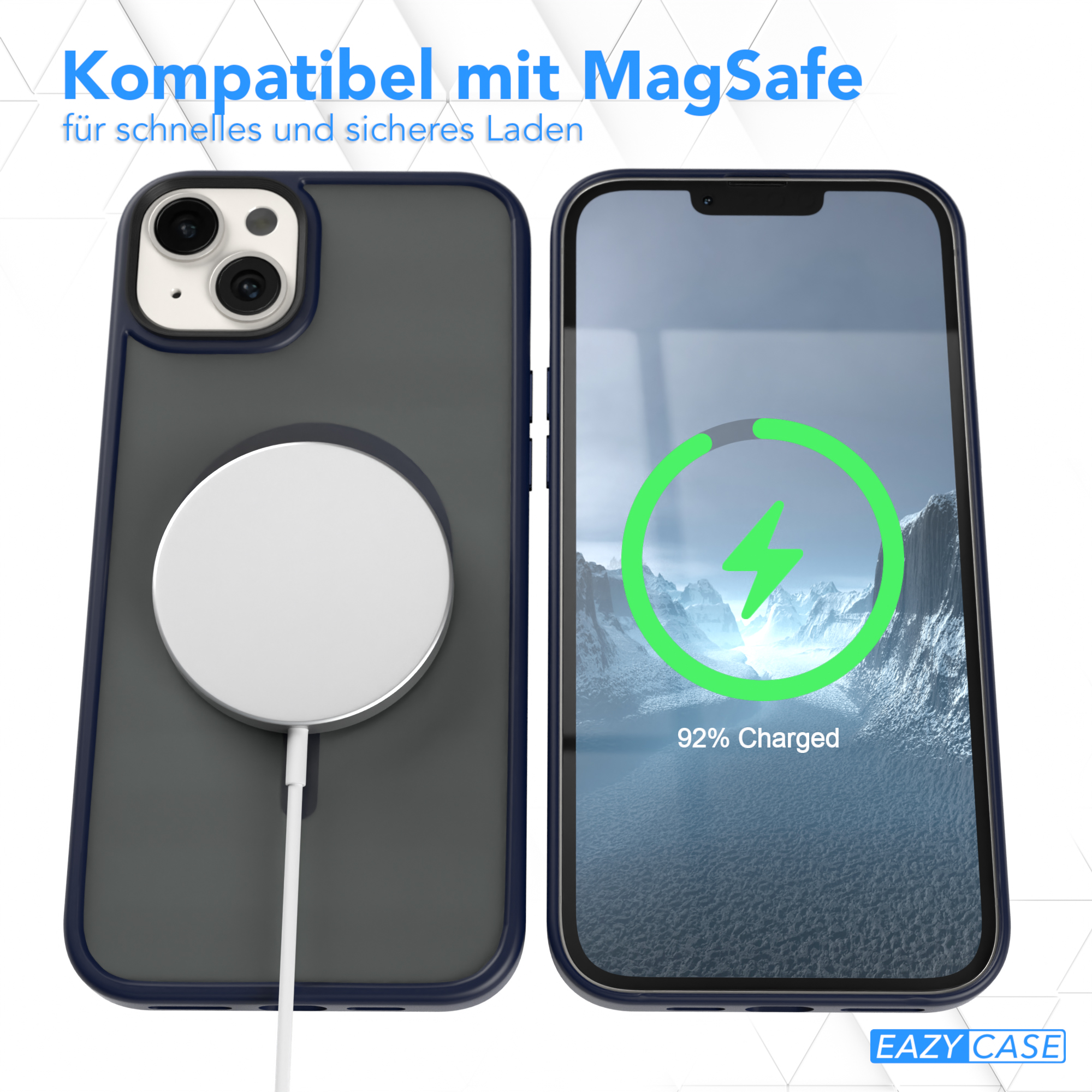iPhone in Hülle, das auf MagSafe geladen wird. Telefon zeigt 92 % geladen an. Hülle ist dunkelblau.