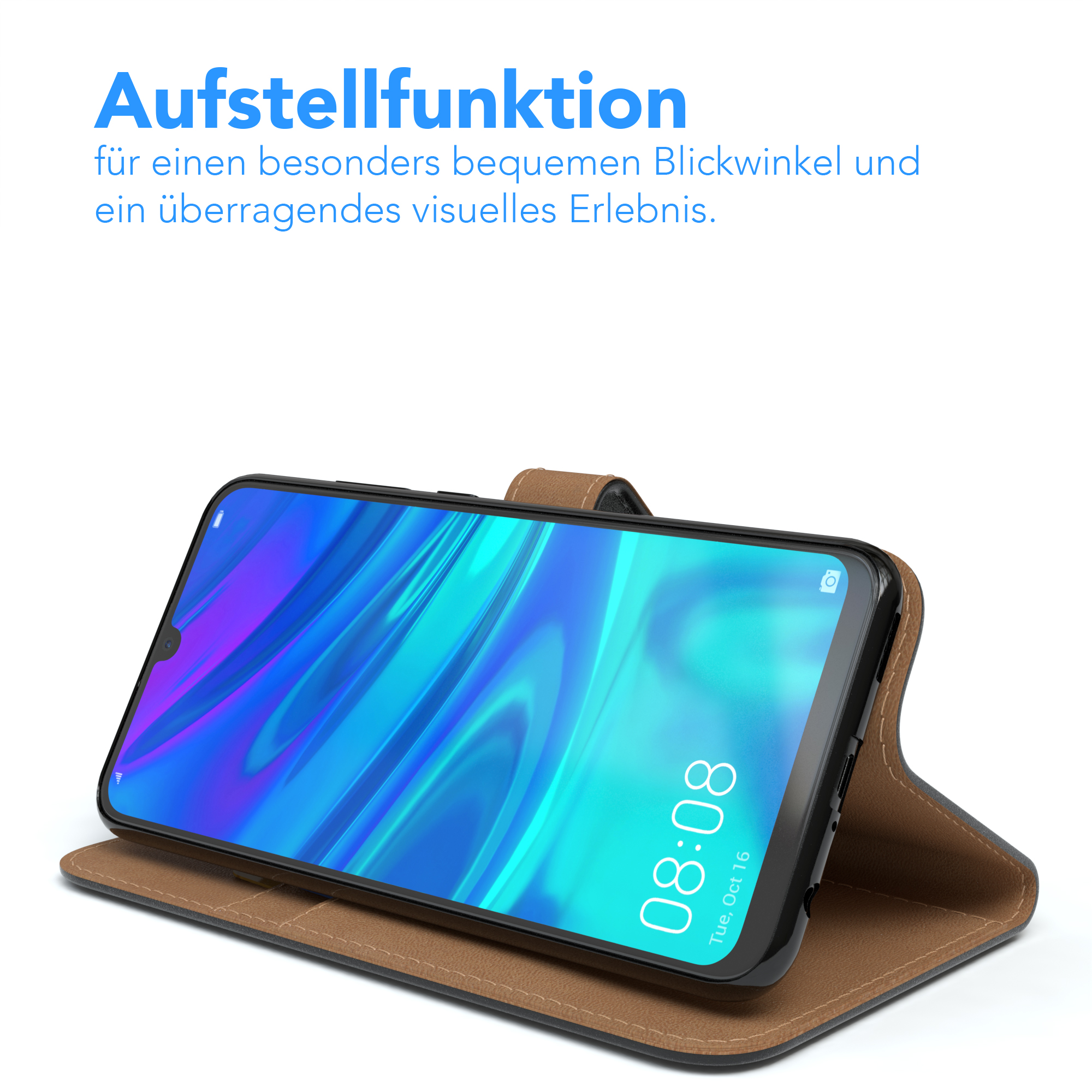Telefon in einer braunen Hülle. Das Telefon zeigt Uhrzeit und Datum. Die Hülle kann aufgestellt werden.