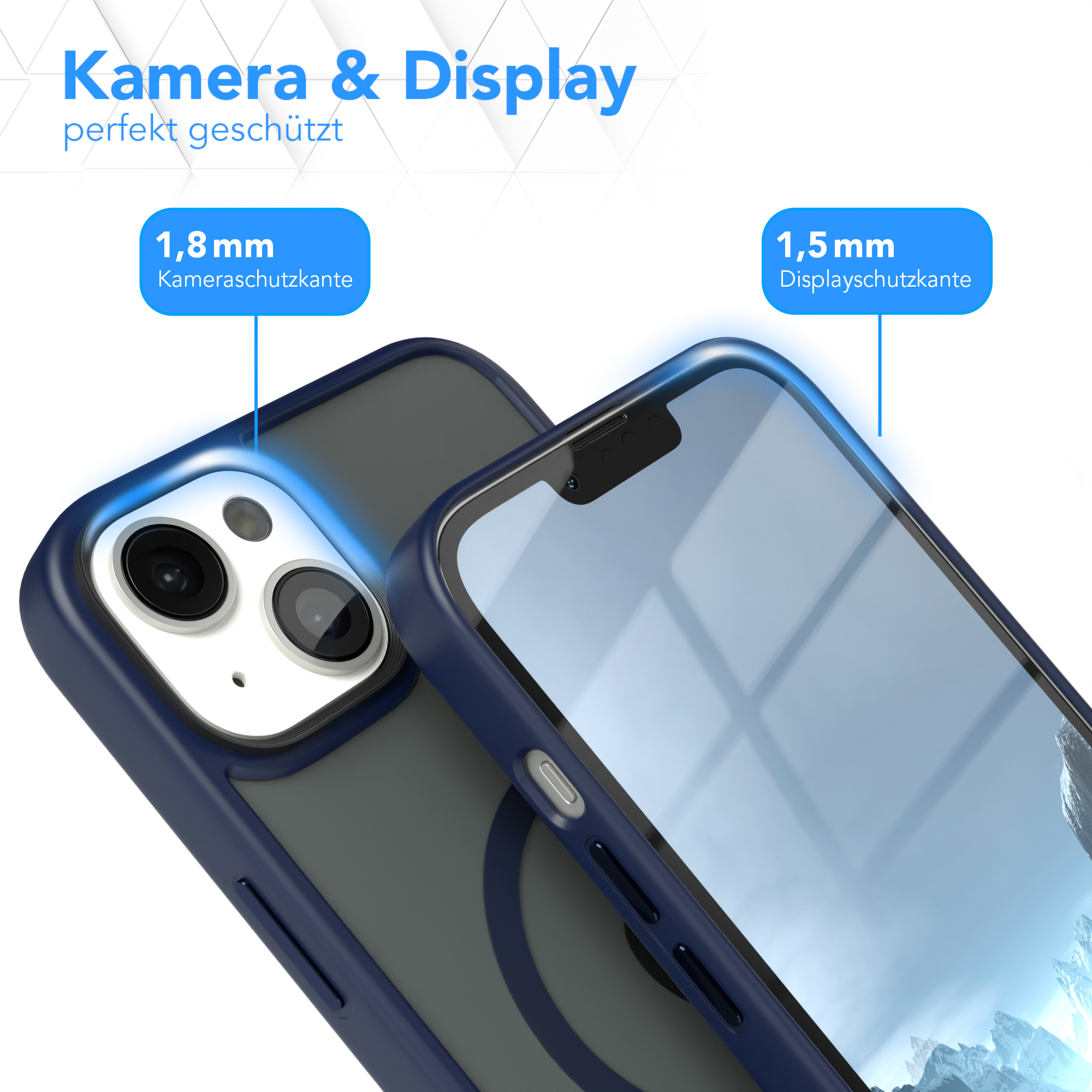 Nahaufnahme einer Handyhülle mit Kamera- und Displayschutz von 1,8 mm bzw. 1,5 mm.